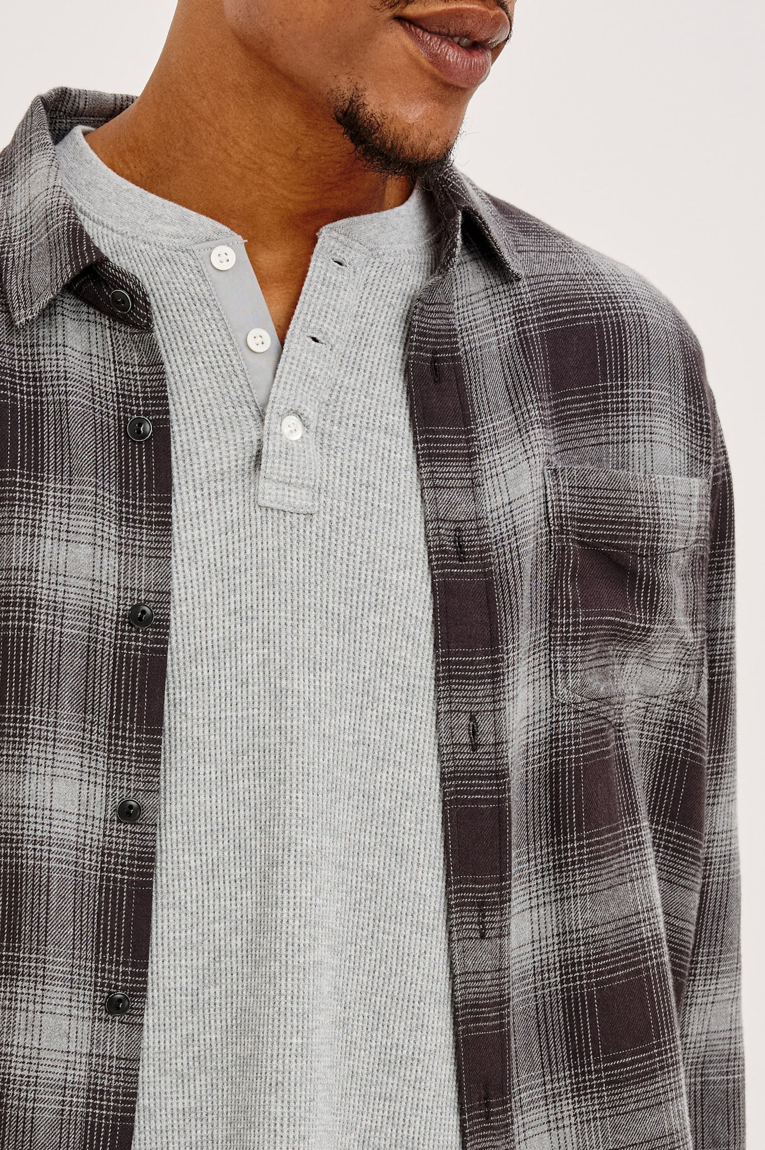 Lennox Plaid Shirt in Double-Brushed Cotton With Relaxed Fit, Spread Collar, Classic Fit, Chest Pocket, Button Front, and Shirttail Hem in Silver Obsidian Colorway - Upper Body Front View Featured on Model