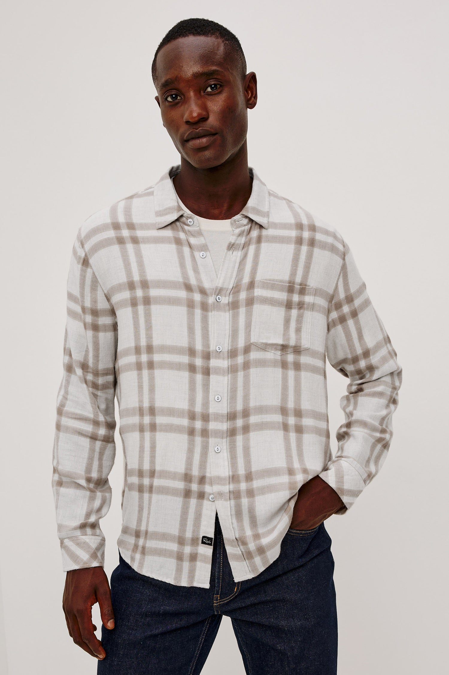 Lennox Plaid Shirt in Double-Brushed Cotton With Relaxed Fit, Spread Collar, Chest Pocket, Button Front, and Shirttail Hem in Tawny Cloud Heather Colorway - Upper Body Front View Featured on Model