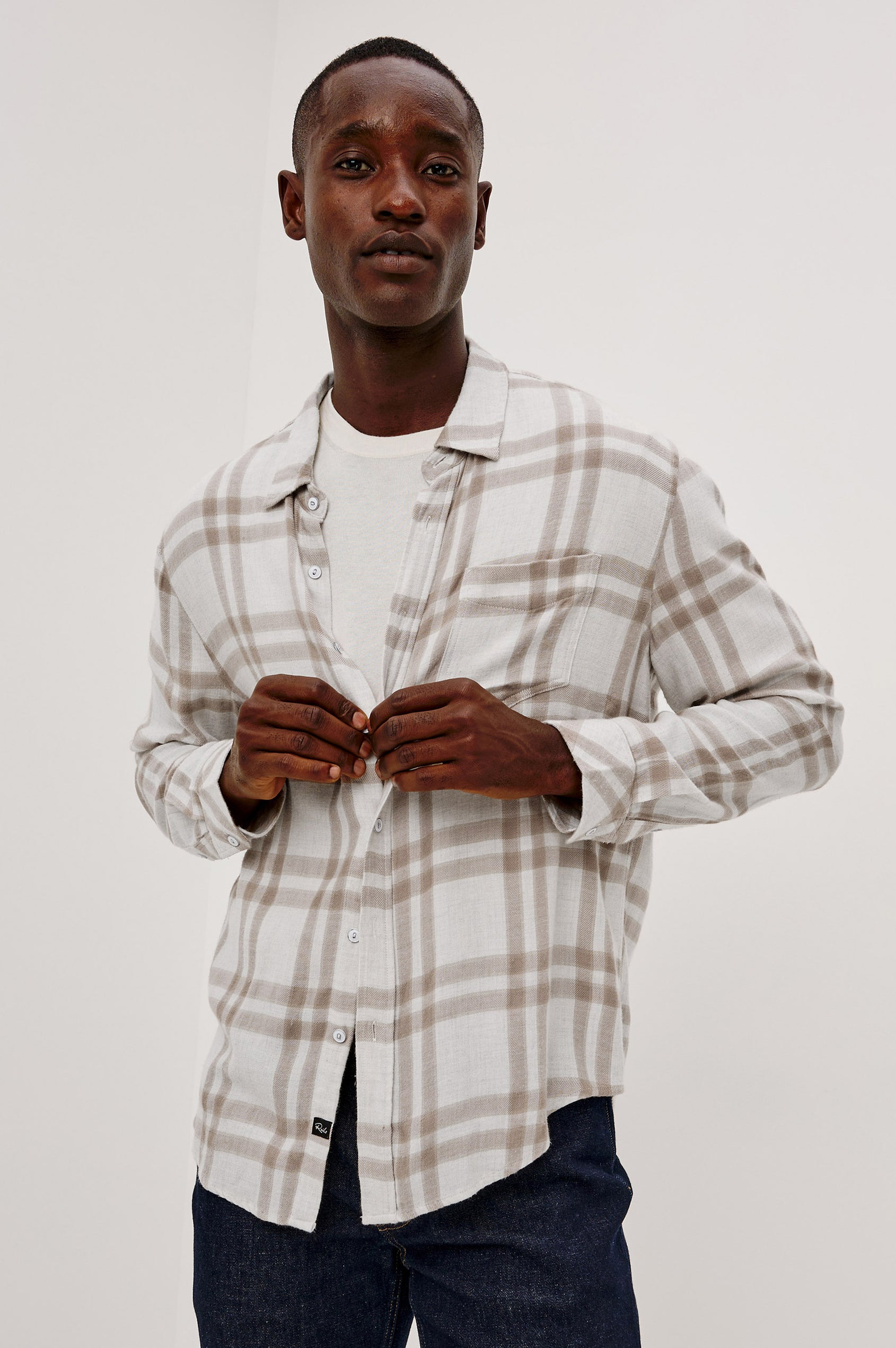 Lennox Plaid Shirt in Double-Brushed Cotton With Relaxed Fit, Spread Collar, Chest Pocket, Button Front, and Shirttail Hem in Tawny Cloud Heather Colorway - Upper Body Front View Featured on Model
