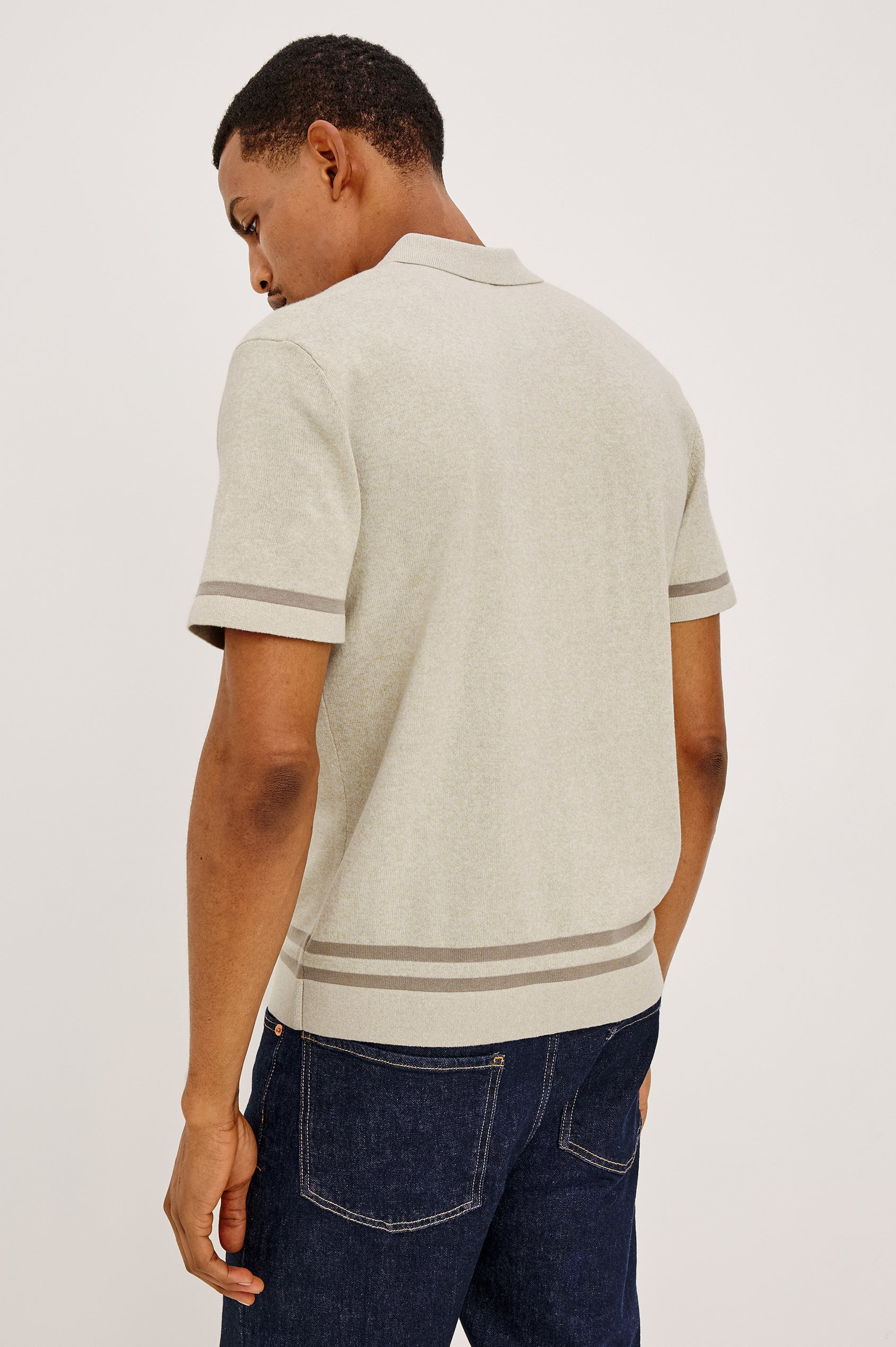 Leo Knit Sweater Polo in Yarn-Dyed Cotton Blend With Collar, Front Buttons, and Short Sleeves in Driftwood Melange Colorway - Back View Featured on Model