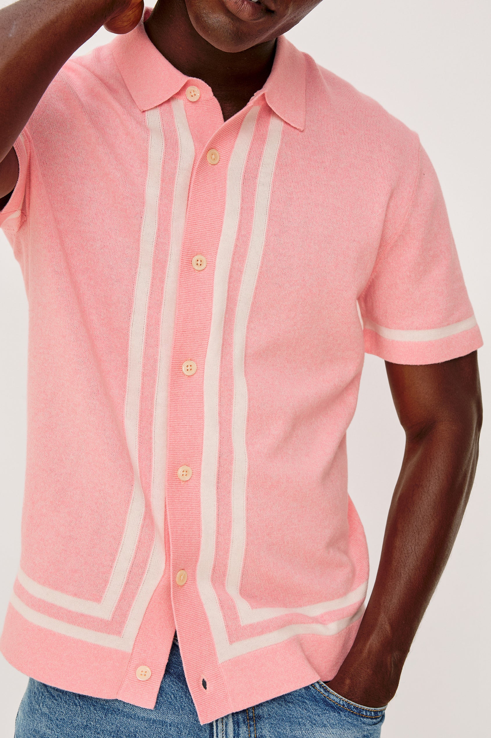 Leo Sweater Polo in Yarn-Dyed Cotton Blend Knit With Collar, Front Buttons, Short Sleeves, and Classic Fit in Rose Melange Colorway - Upper Body Front Detail View Featured on Model
