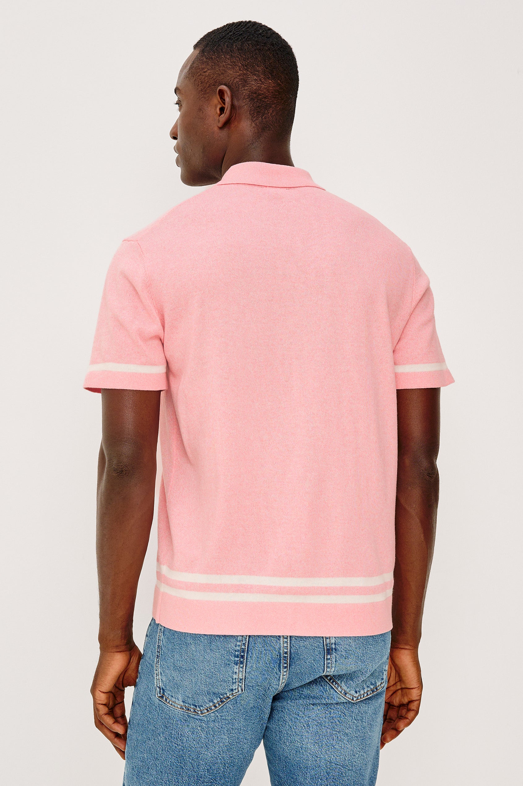 Leo Sweater Polo in Yarn-Dyed Cotton Blend Knit With Collar, Front Buttons, Short Sleeves, and Classic Fit in Rose Melange Colorway - Upper Body Back View Featured on Model