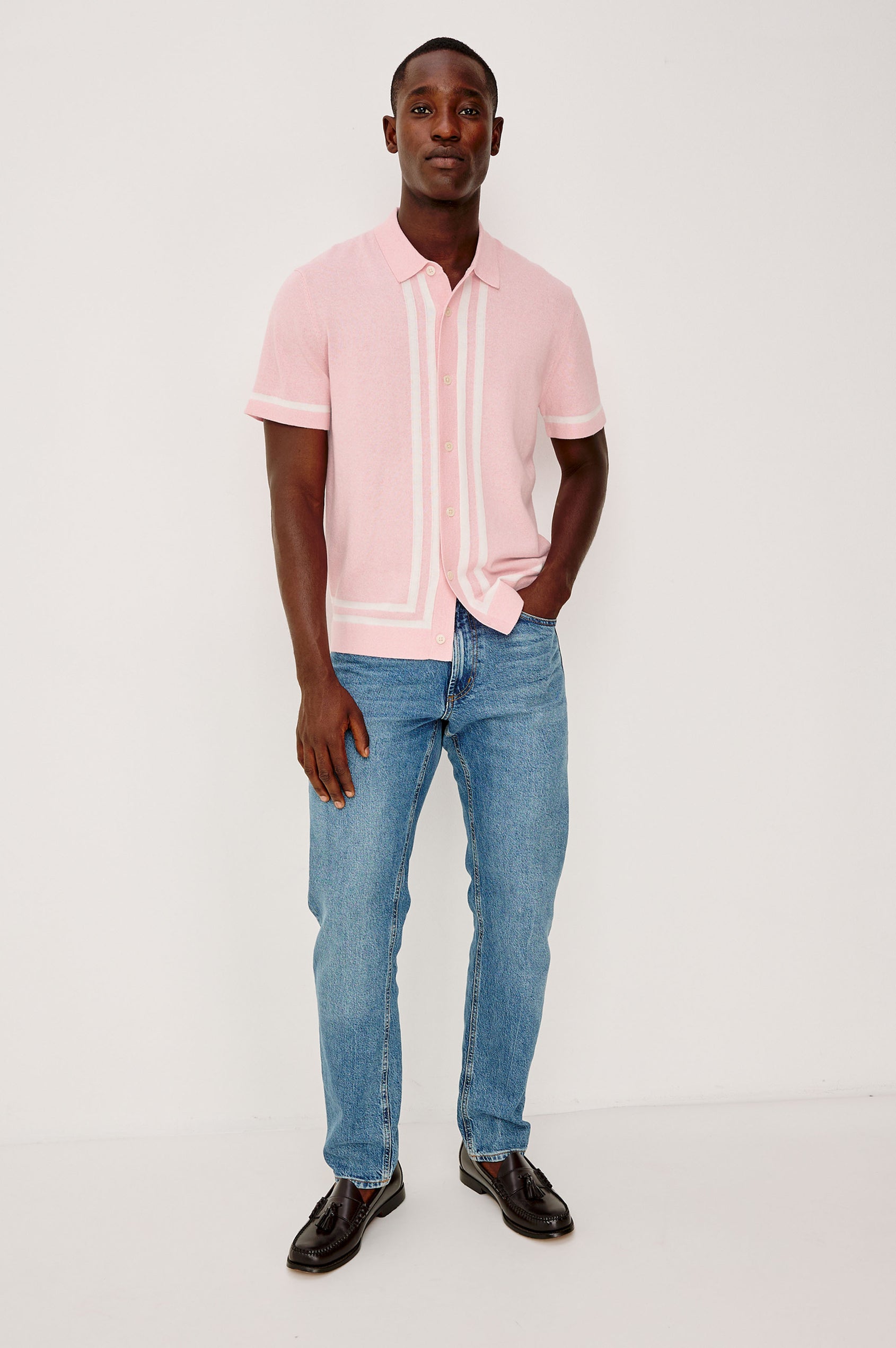 Leo Sweater Polo in Yarn-Dyed Cotton Blend Knit With Collar, Front Buttons, Short Sleeves, and Classic Fit in Rose Melange Colorway - Full Body Front View Featured on Model