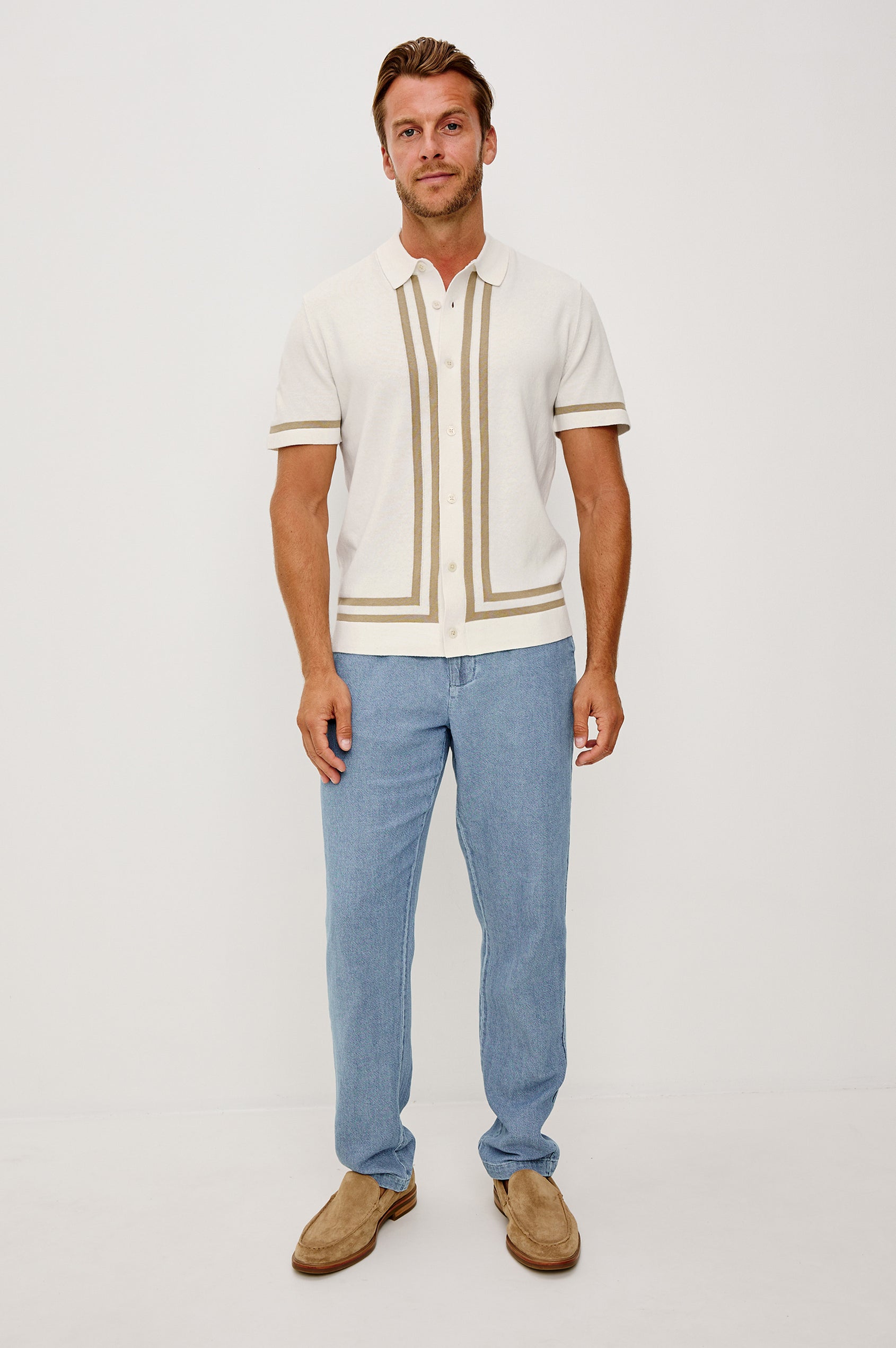 Leo Knit Sweater Polo in Yarn-Dyed Cotton Blend With Collar, Front Buttons, and Short Sleeves in White Cashew Colorway - Full Body Front View Featured on Model