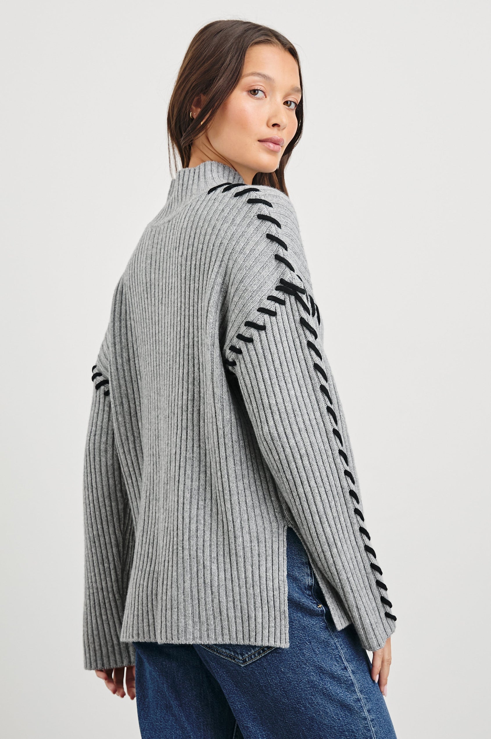 Liam Long-Sleeve Sweater with Turtle Neckline in Heather Grey Colorway, with Black Rib Stitching on Arms - Back View Featured on Model