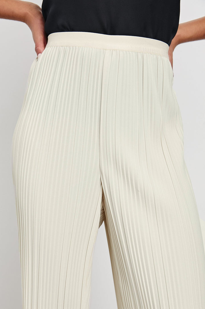 Liana Micro-Pleated Pants with Elastic waist in Ivory Colorway - Front View Featured on Model 
