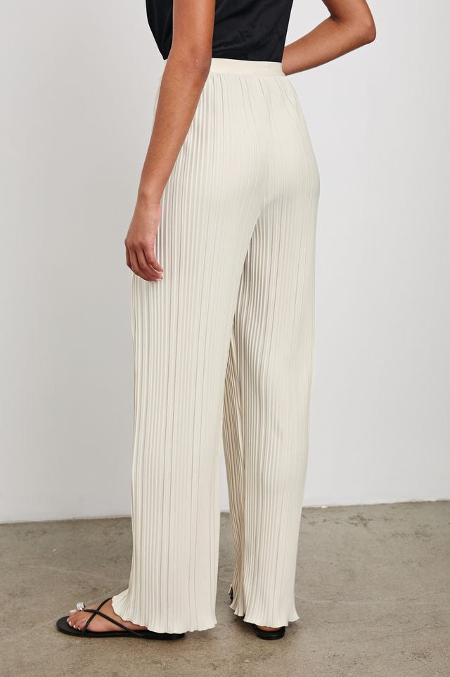 Liana Micro-Pleated Pants with Elastic waist in Ivory Colorway - Back View Featured on Model 