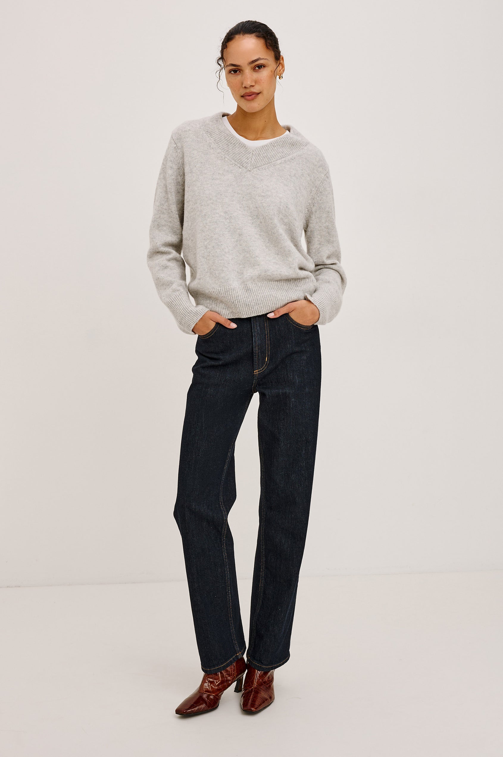 Lidya Sweater in Wool-Cashmere Knit Blend With V-Neckline, Loose Relaxed Fit, Long Sleeves, and Ribbed Trim in Heather Grey Colorway - Full Body Front View Featured on Model