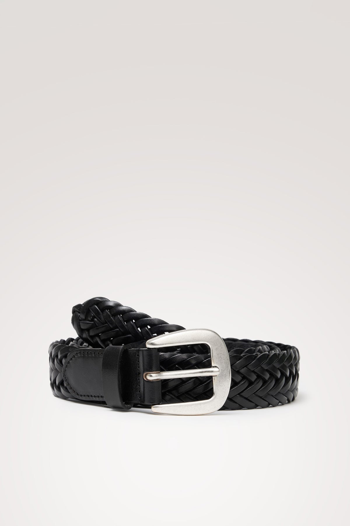 Liguria Belt in Leather With Braided Woven Strap and Adjustable Buckle in Woven Black Silver Colorway - Front Product View Featured