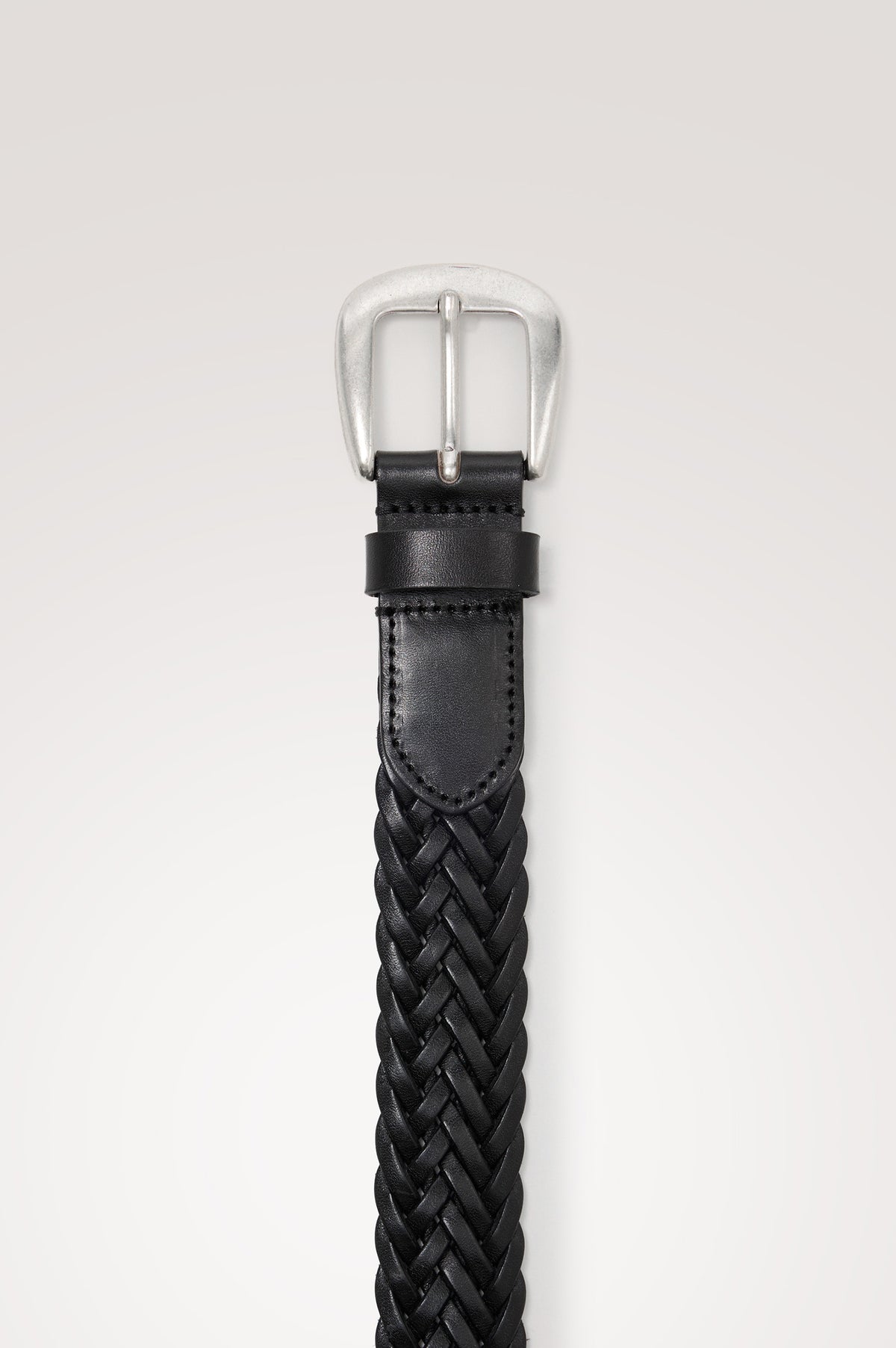 Liguria Belt in Leather With Braided Woven Strap and Adjustable Buckle in Woven Black Silver Colorway - Top Product View Featured