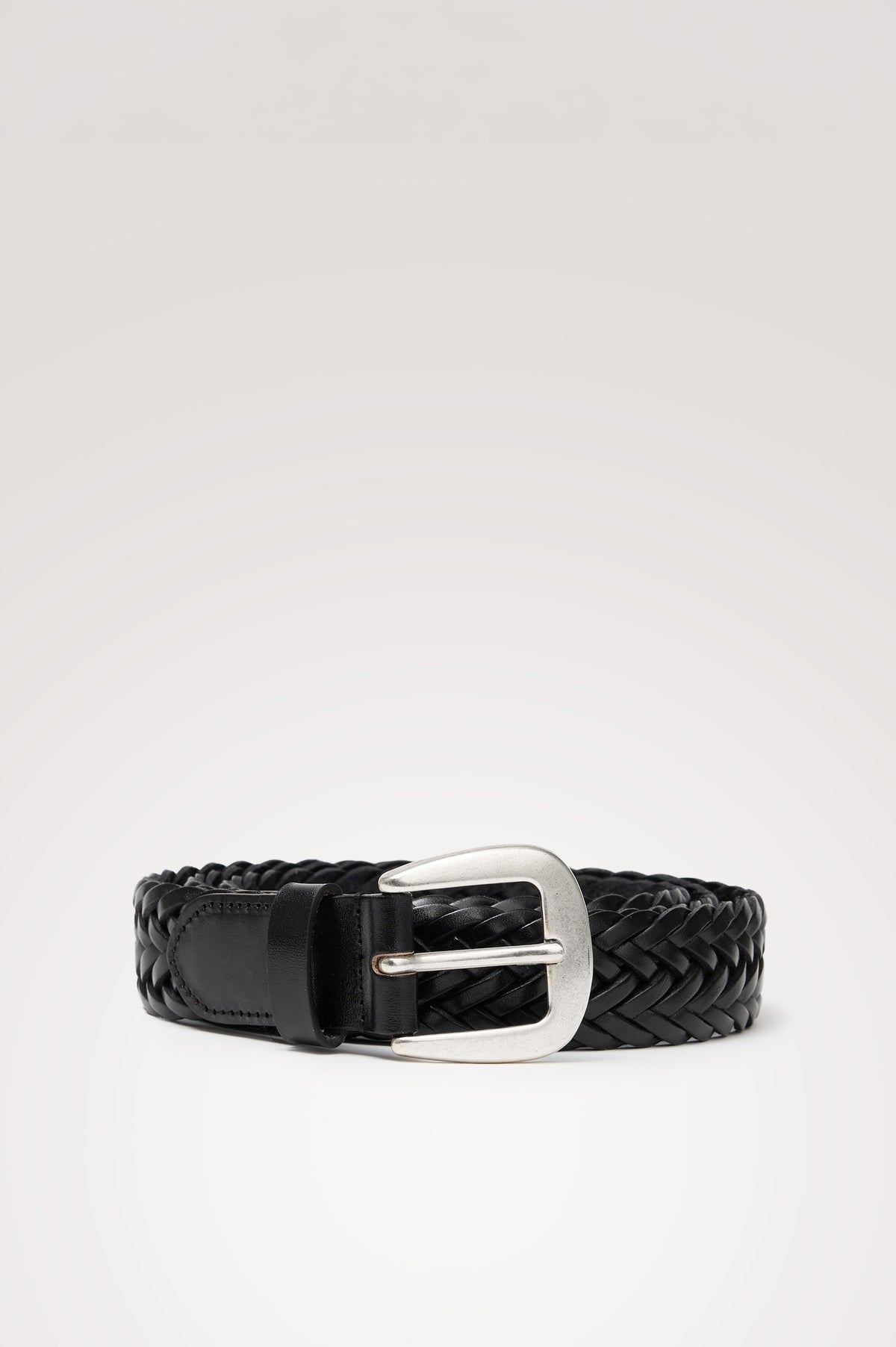 Liguria Belt in Leather With Braided Woven Strap and Adjustable Buckle in Woven Black Silver Colorway - Front Product View Featured