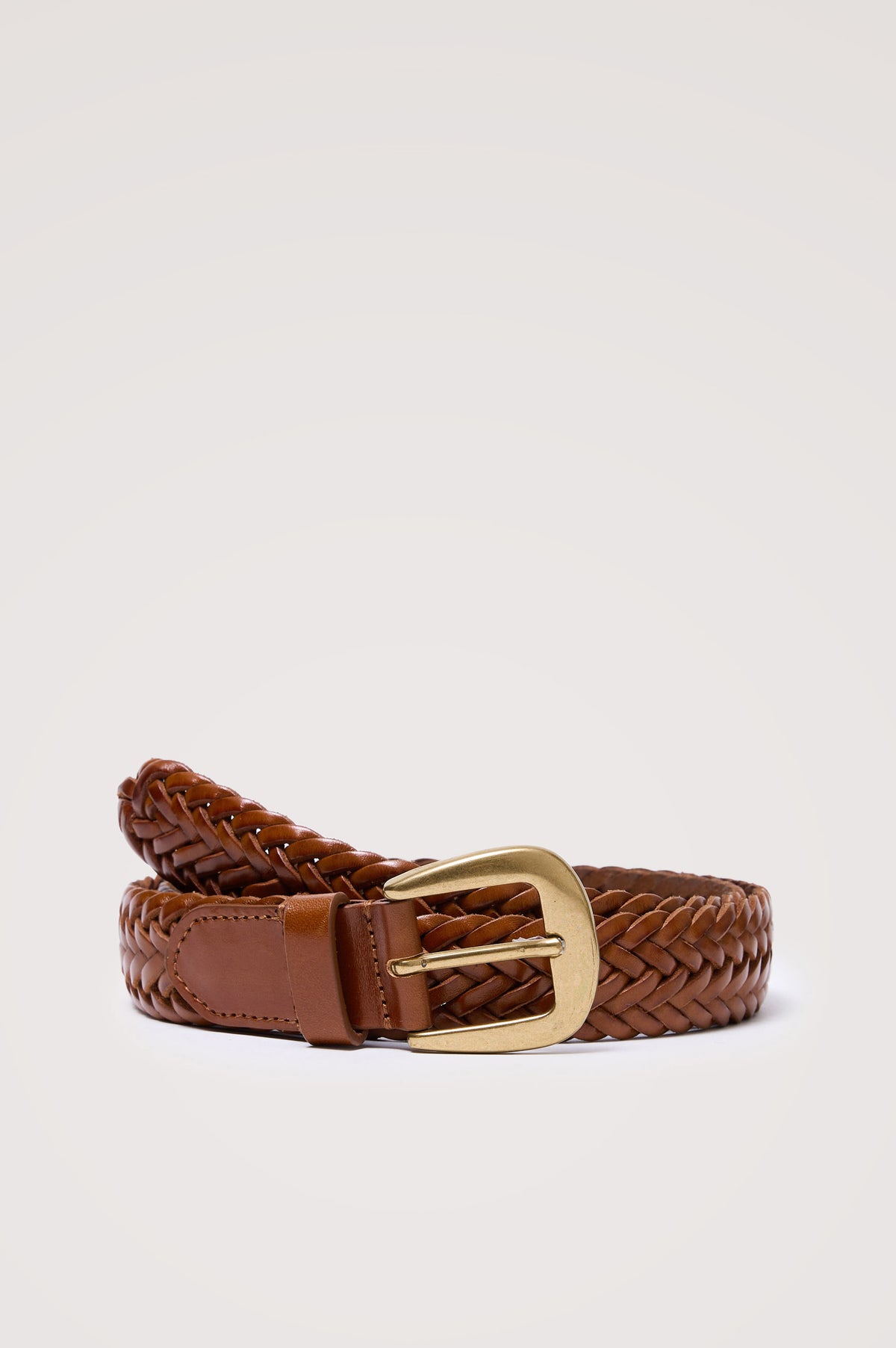 Liguria Belt in Woven Leather With Buckle Closure in Woven Brown Gold Colorway - Front Product View Featured