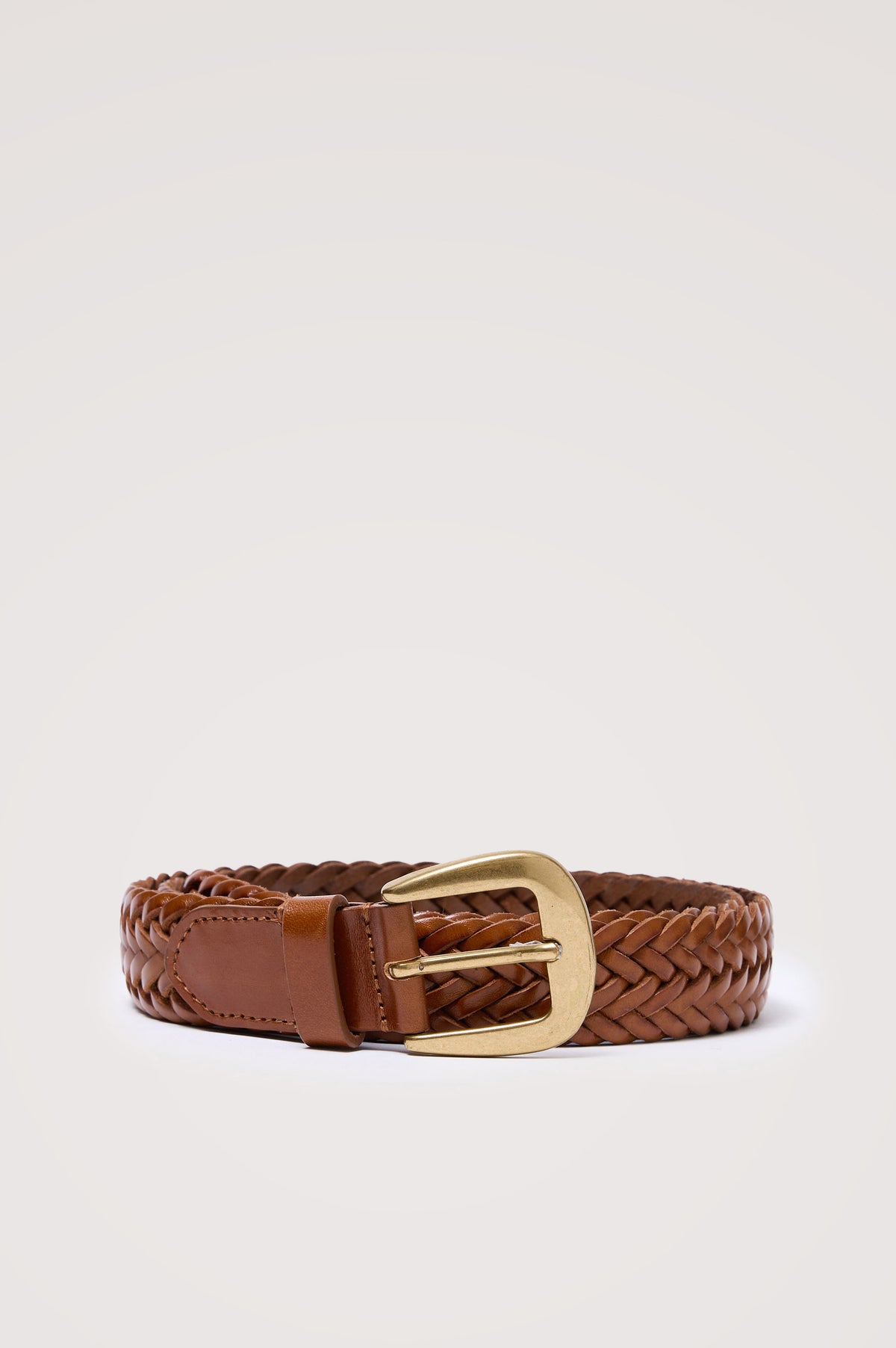 Liguria Belt in Woven Leather With Buckle Closure in Woven Brown Gold Colorway - Front Product View Featured