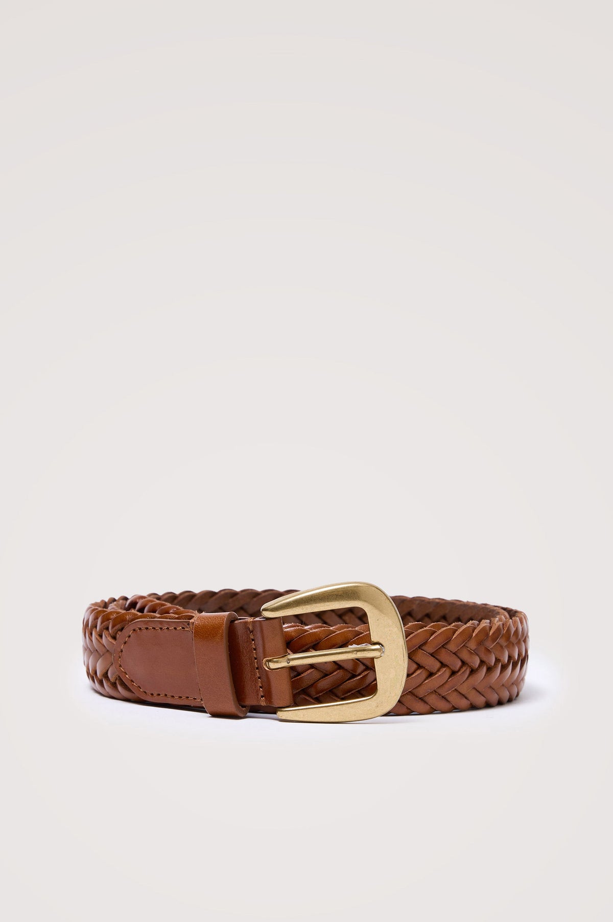 Liguria Belt in Woven Leather With Buckle Closure in Woven Brown Gold Colorway - Front Product View Featured