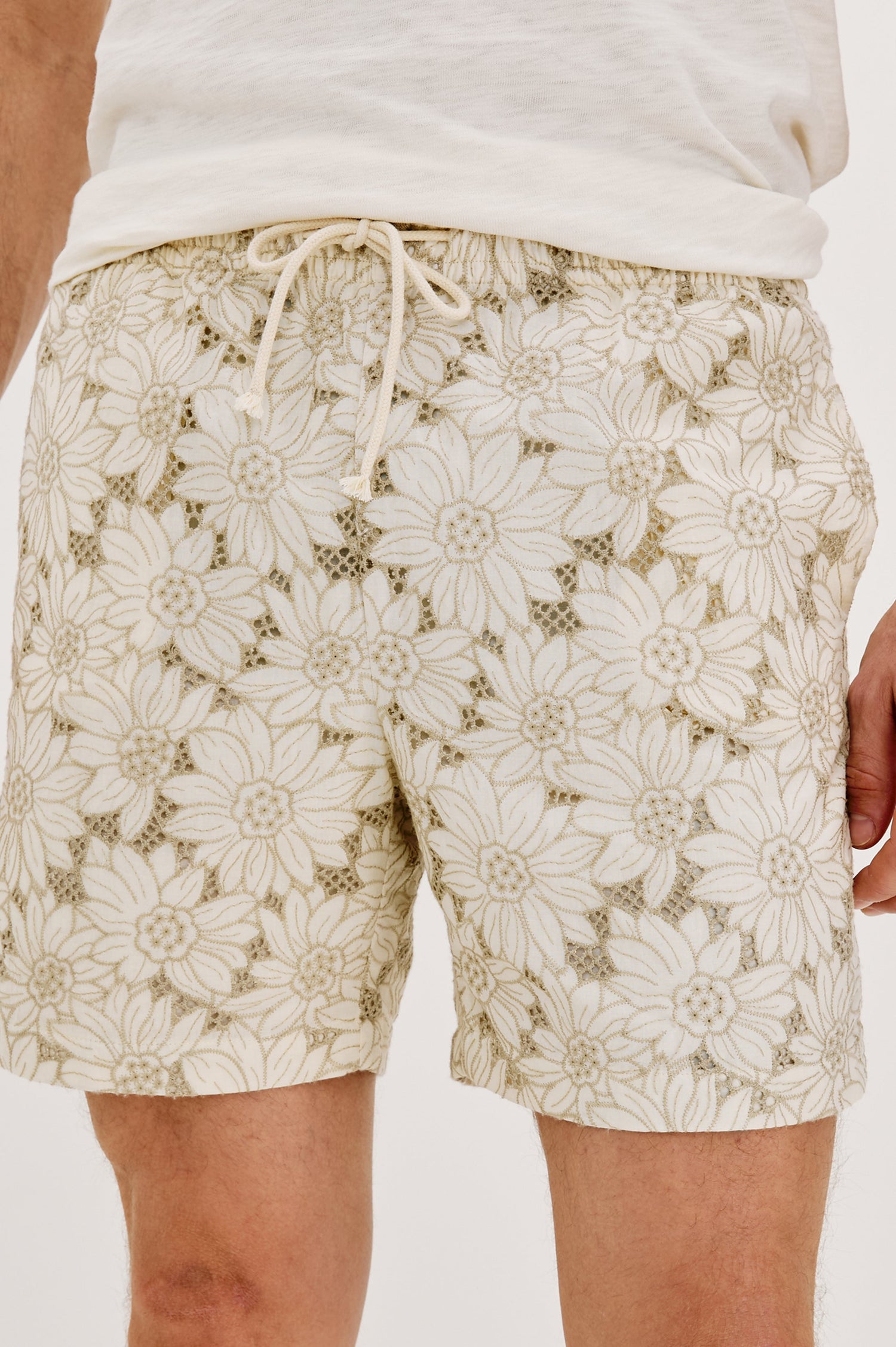 Logan Swim Short with a Drawstring Waistband and Side Pockets in Multi Blue Sunflower Colorway. Front View Shown on Model.