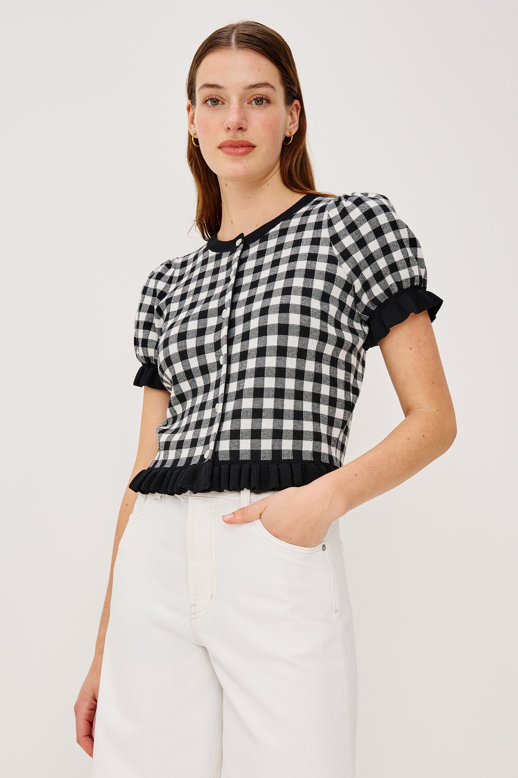 Lora Top in Wool Blend With Front Buttons Short Puff Sleeves Ruffle Trim and Classic Fit in Black White Gingham Colorway - Upper Body Front View Featured on Model