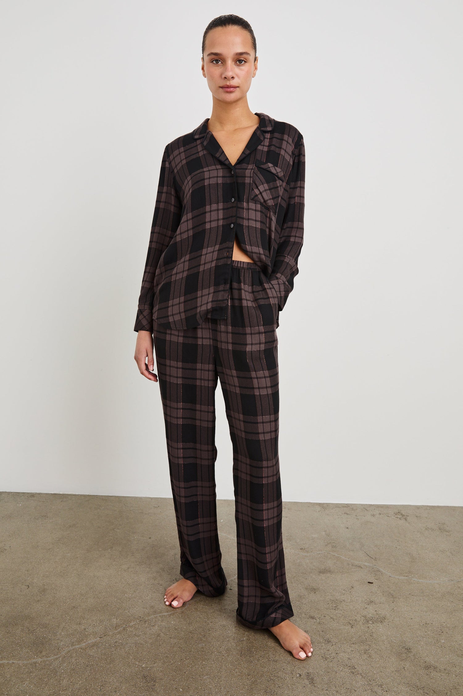 Luna Long Sleeve Button Down And Pants with Lurex Detailing In Colorway Bronze Mauve Pitch - Full Front Body VIew Featured On Model