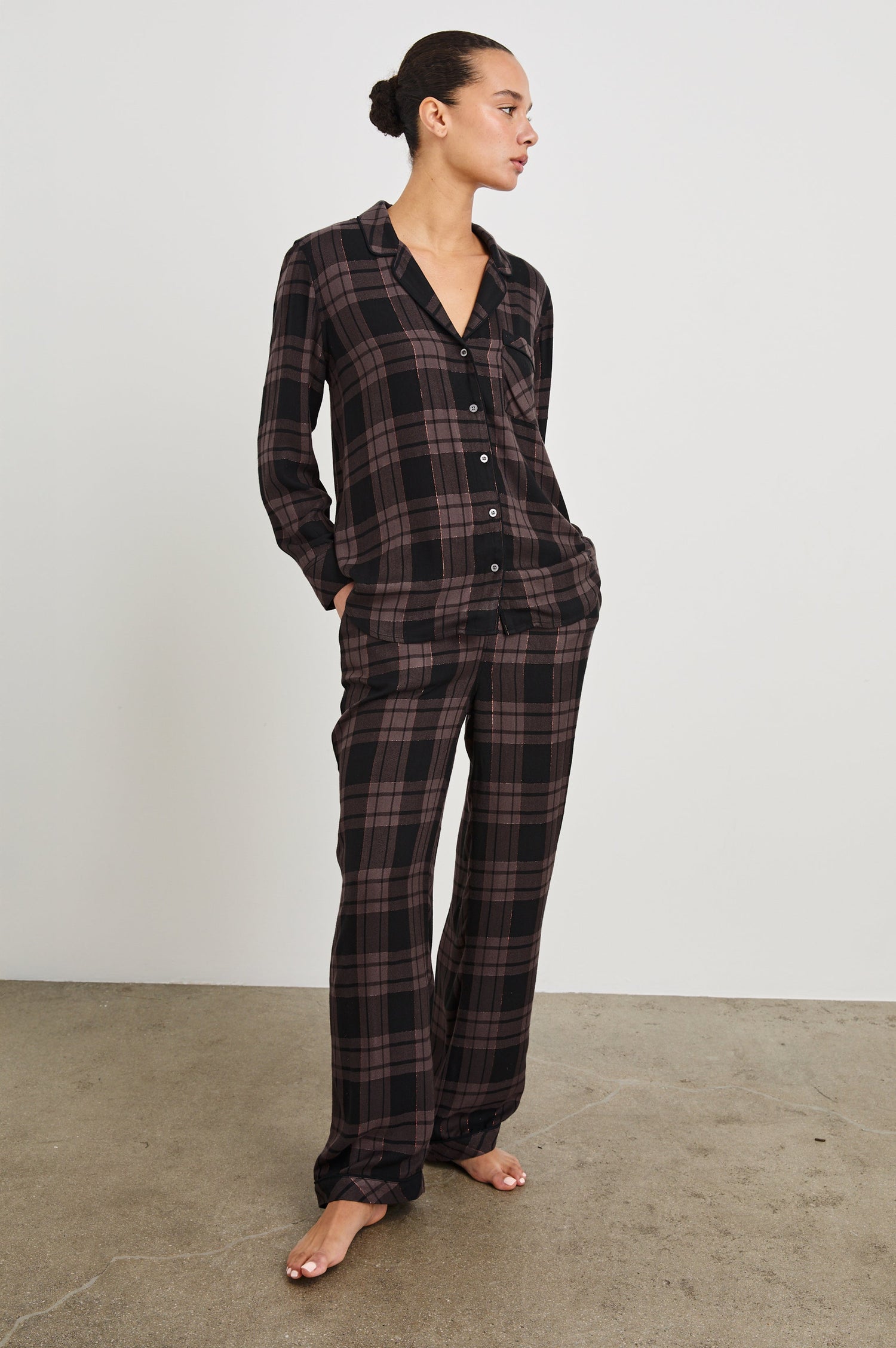 Luna Long Sleeve Button Down And Pants with Lurex Detailing In Colorway Bronze Mauve Pitch - Full Front Body VIew Featured On Model Hands In Pockets