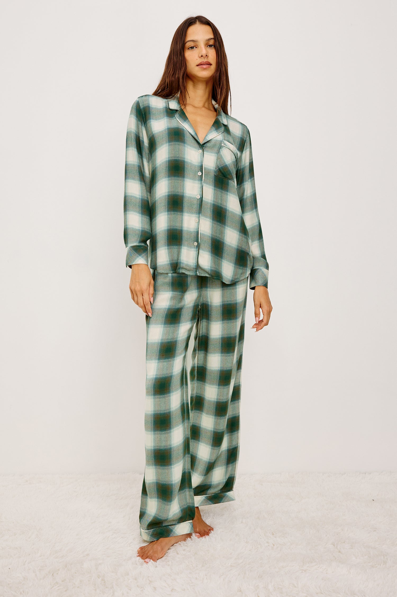 Luna Pajama Set in Signature Rayon With Button-Up Collared Shirt With Front Buttons, Long Sleeves, Chest Patch Pocket and Matching Pant With Side Pockets and Drawstring Waist Ties in Olive Teal Colorway - Full Body Front View Featured on Model