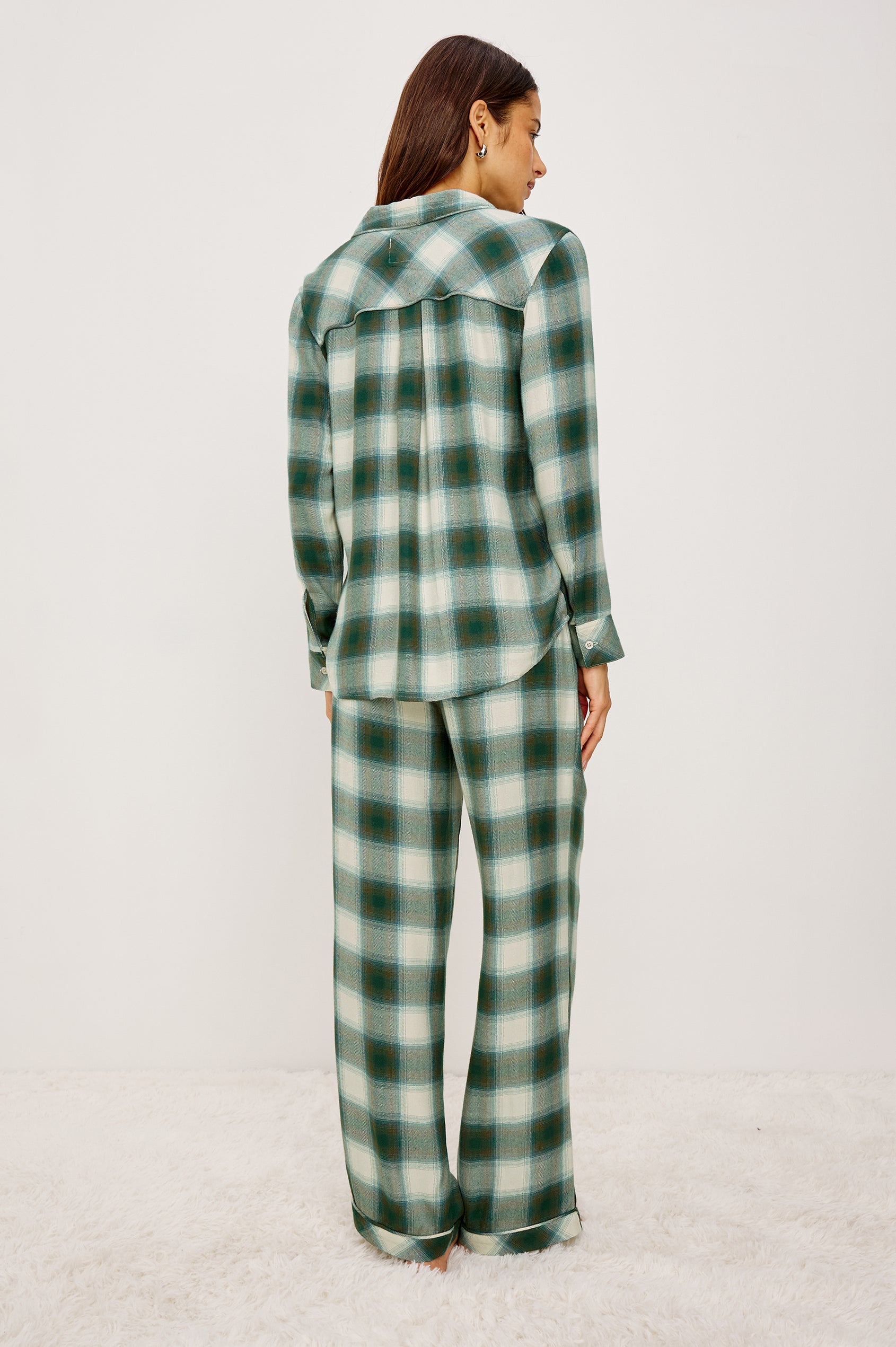 Luna Pajama Set in Signature Rayon With Button-Up Collared Shirt With Front Buttons, Long Sleeves, Chest Patch Pocket and Matching Pant With Side Pockets and Drawstring Waist Ties in Olive Teal Colorway - Full Body Back View Featured on Model