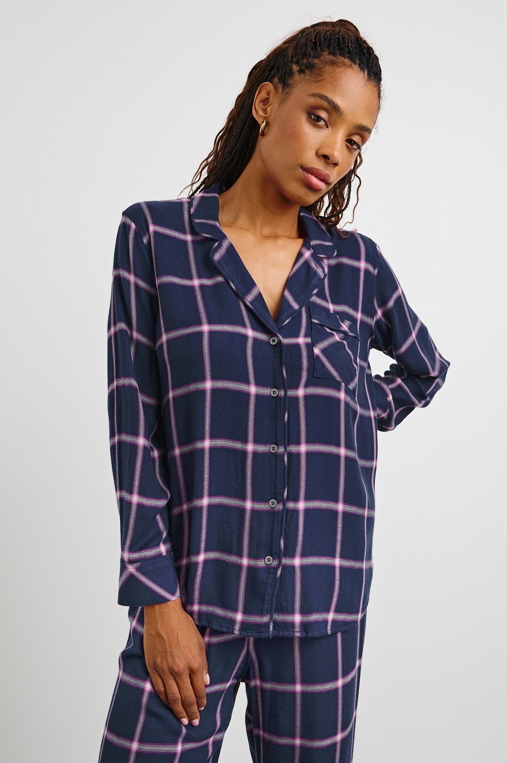 Luna Pajama Set with a Long Sleeve, Button Up, V Neck Top with a Chest Patch Pocket and Pants with Two Front Pockets in Sapphire Magenta Colorway, a plaid - Front View Featured on Model  