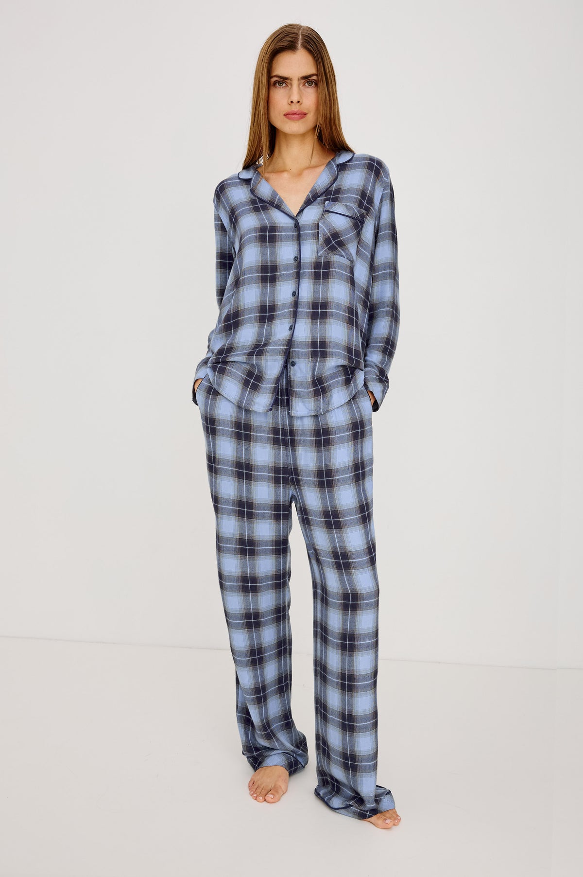 Luna Pajama Set in Signature Rayon With Piping, Button-Up Shirt, Matching Pants, and Relaxed Fit in Navy Sky Colorway - Full Body Front View Featured on Model