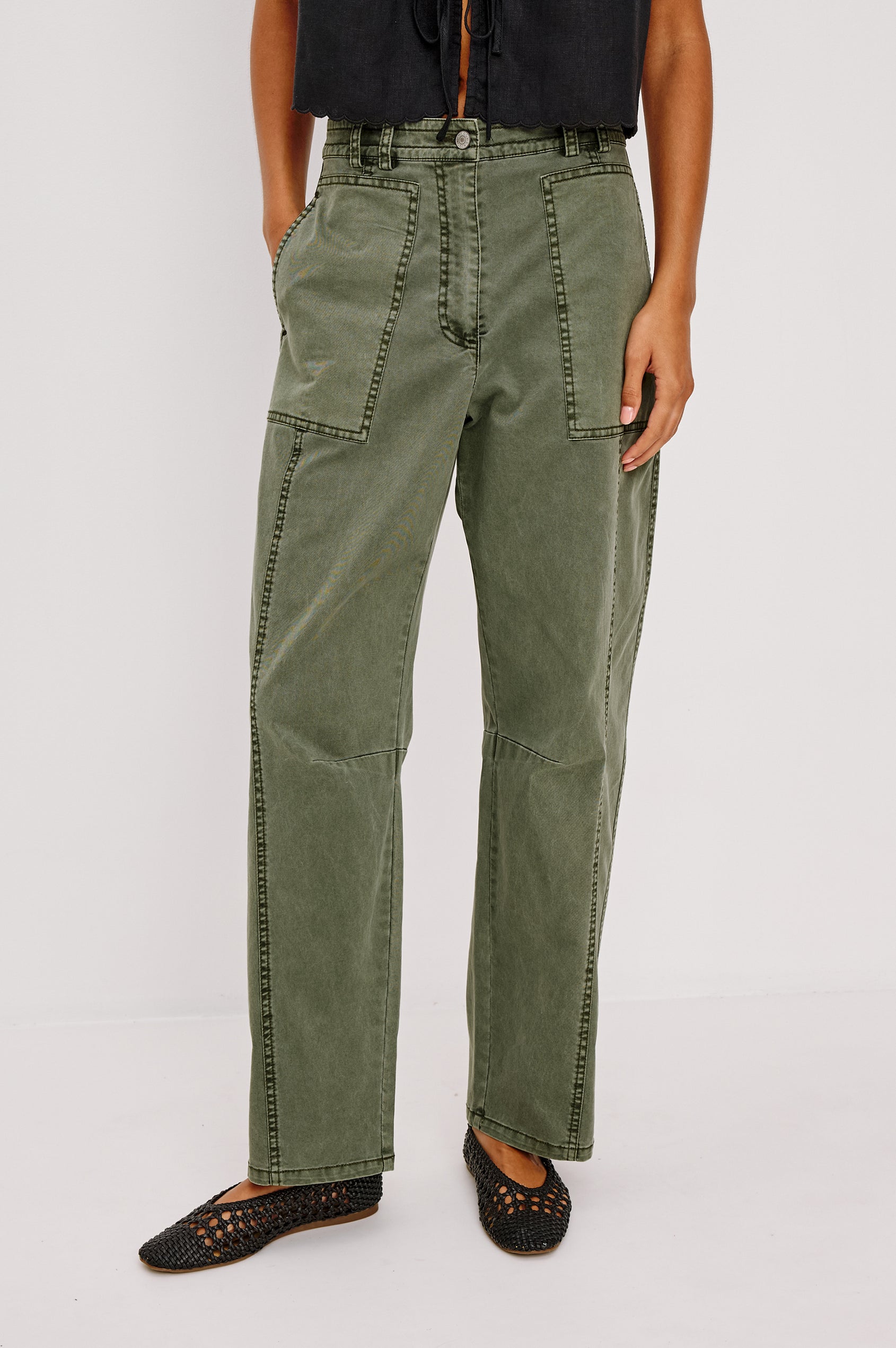 Lunar Military Pant in Stretch Twill With Mid-Rise, Relaxed Fit, Barrel Legs, and Knee Seam Details in Military Olive Colorway - Lower Body Front View Featured on Model