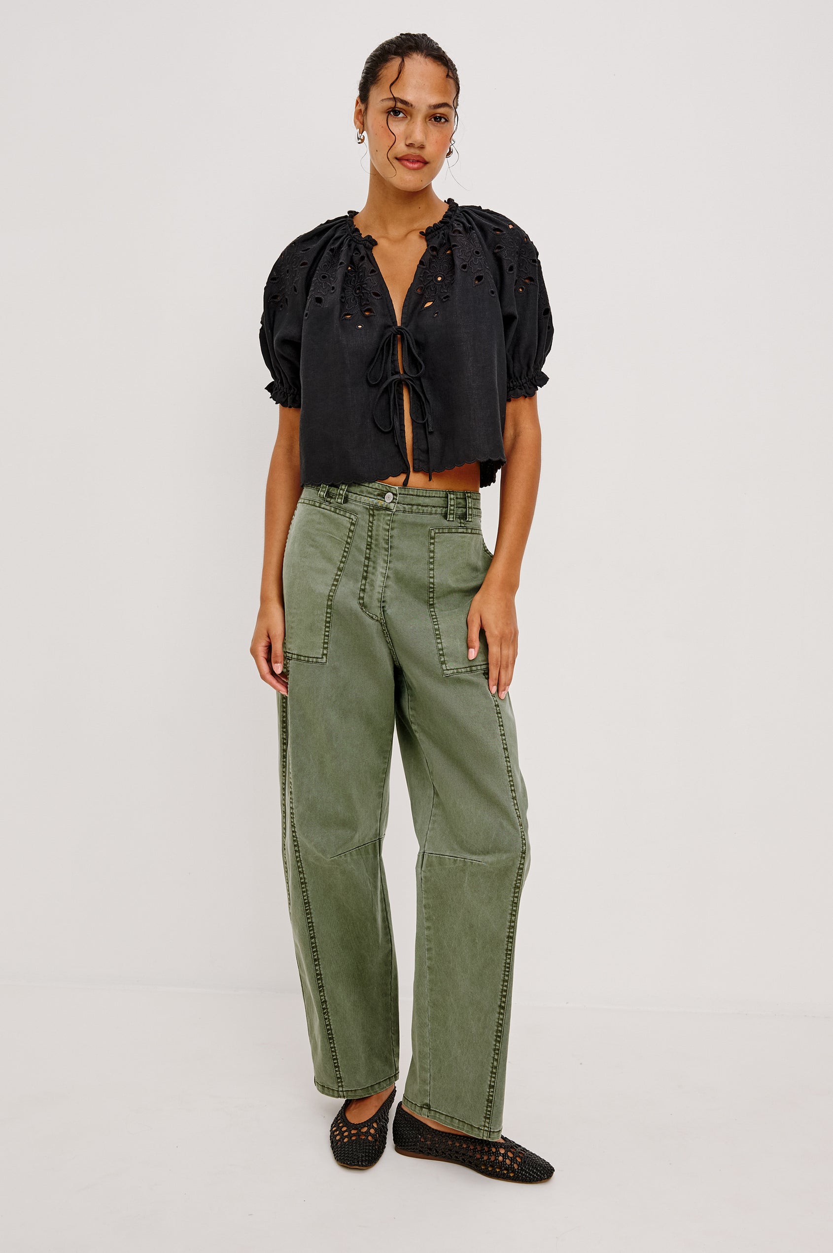 Lunar Military Pant in Stretch Twill With Mid-Rise, Relaxed Fit, Barrel Legs, and Knee Seam Details in Military Olive Colorway - Full Body Front View Featured on Model