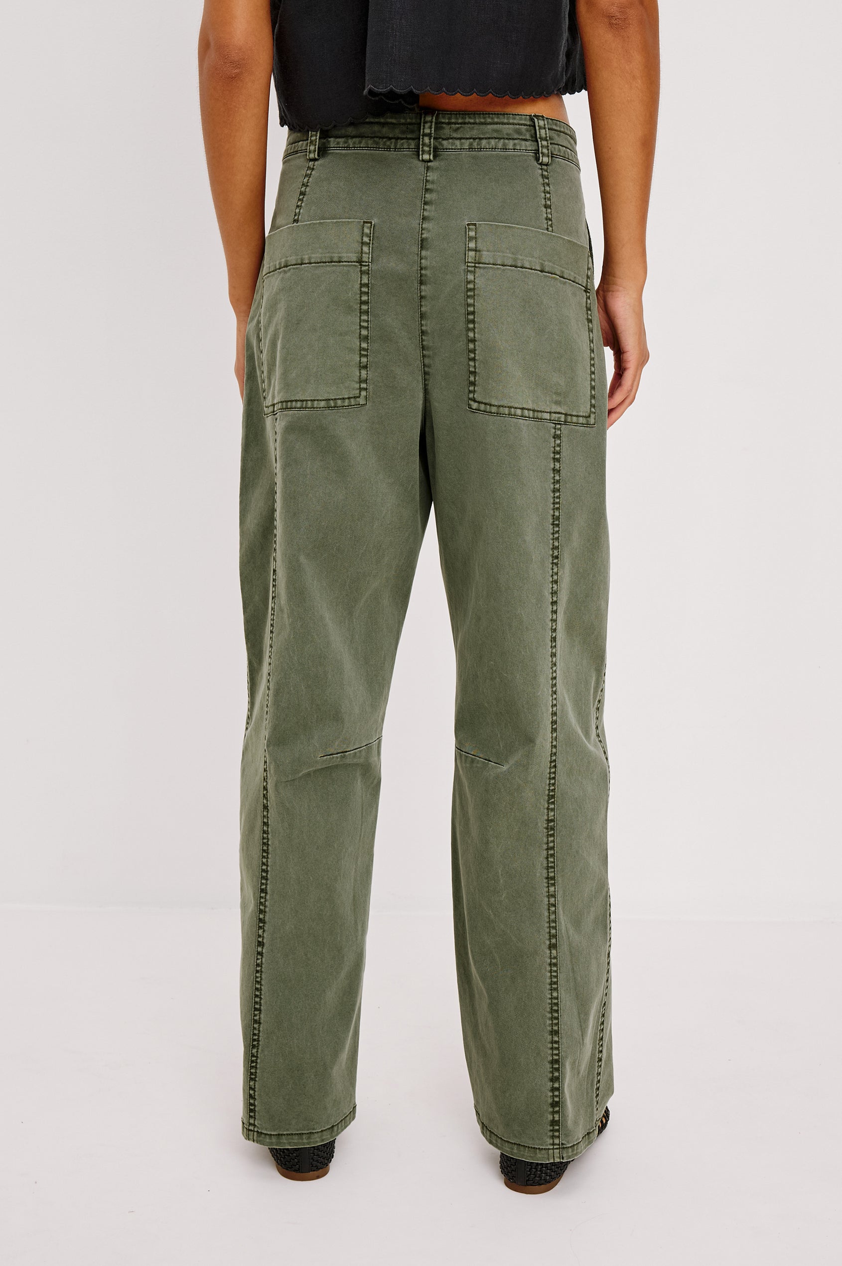 Lunar Military Pant in Stretch Twill With Mid-Rise Relaxed Fit Barrel Legs and Knee Seam Details in Military Olive Colorway - Lower Body Back View Featured on Model