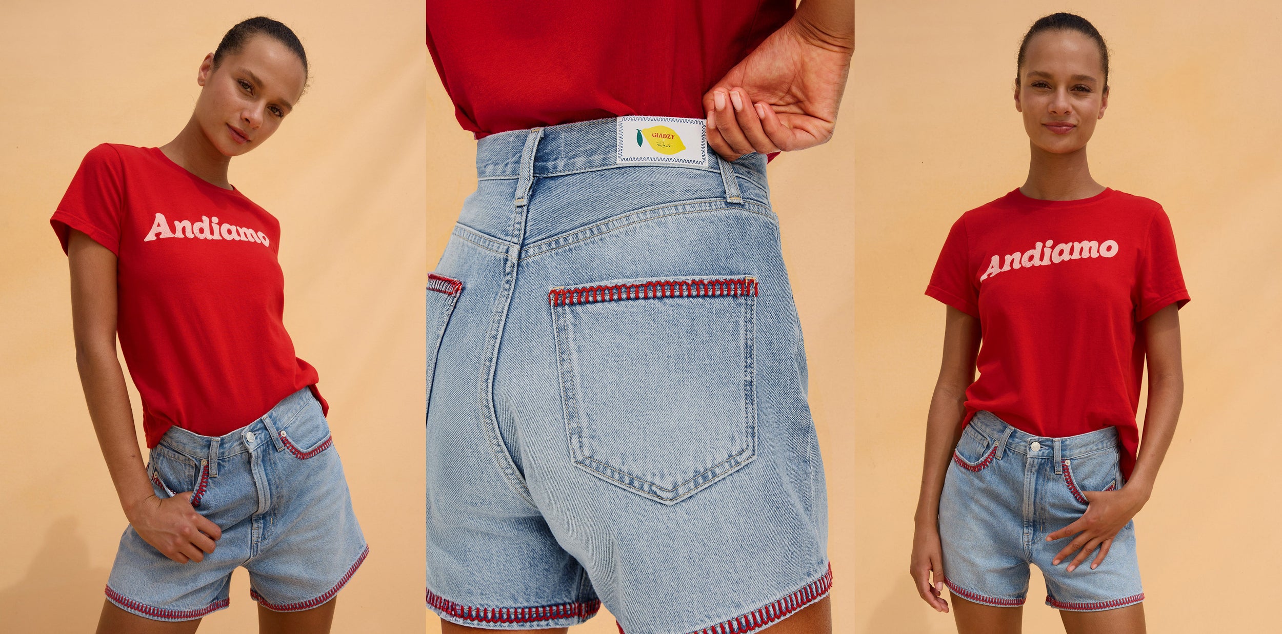 Person wearing a red 'Andiamo' t-shirt with denim shorts on a beige background