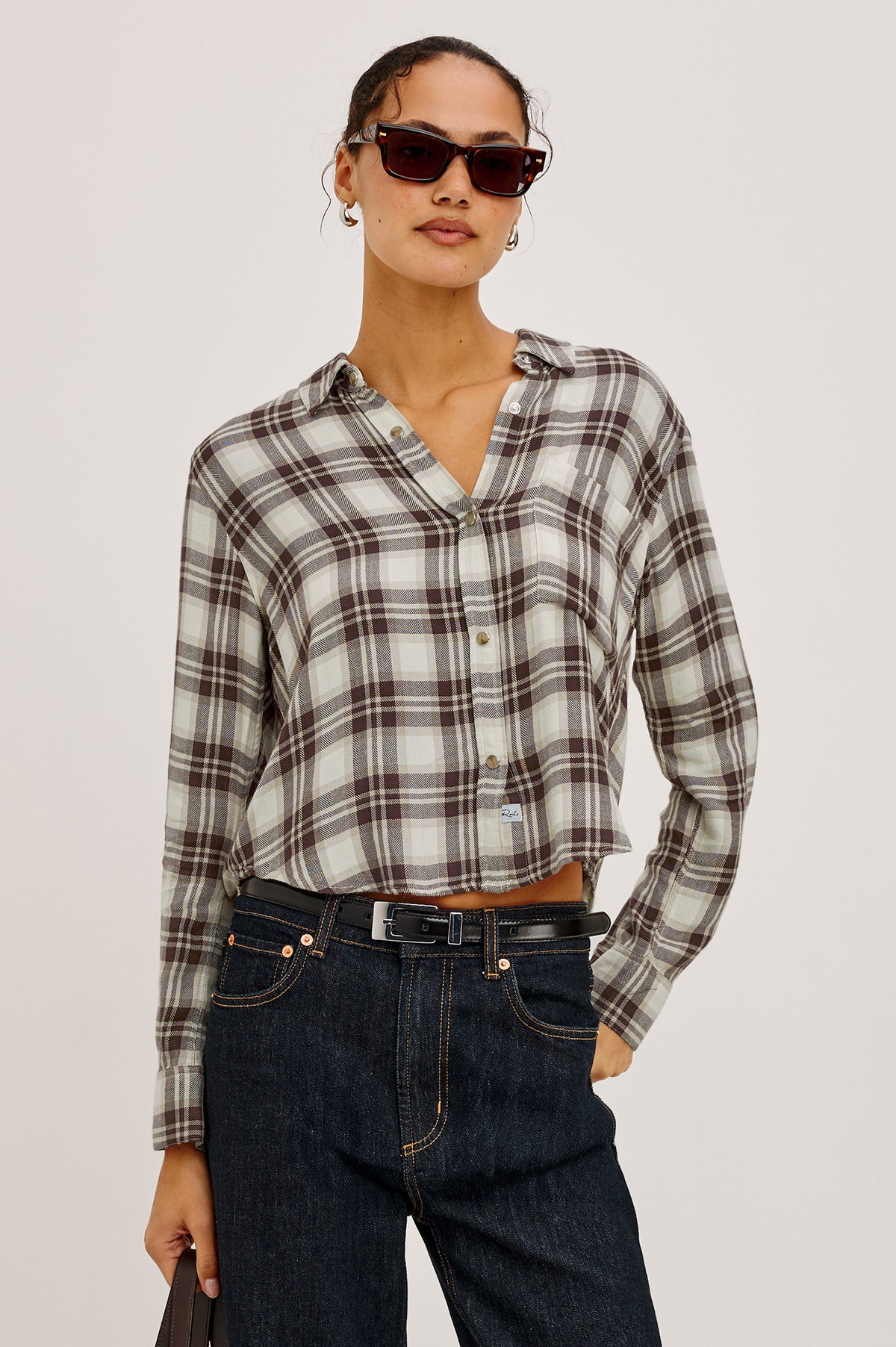 Malin Shirt in Ultra-Soft Twill With Snap Button Front, Cropped Boxy Fit, Collar, and Long Sleeves in Birch Hickory Colorway - Upper Body Front View Featured on Model