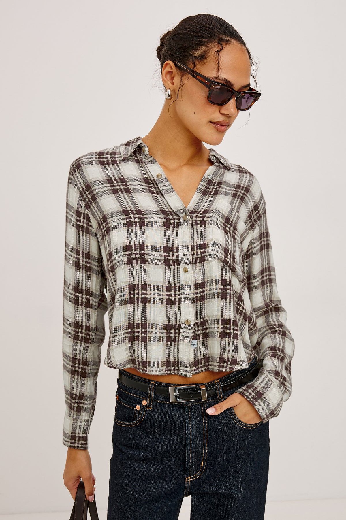 Malin Shirt in Ultra-Soft Twill With Snap Button Front, Cropped Boxy Fit, Collar, and Long Sleeves in Birch Hickory Colorway - Upper Body Front View Featured on Model
