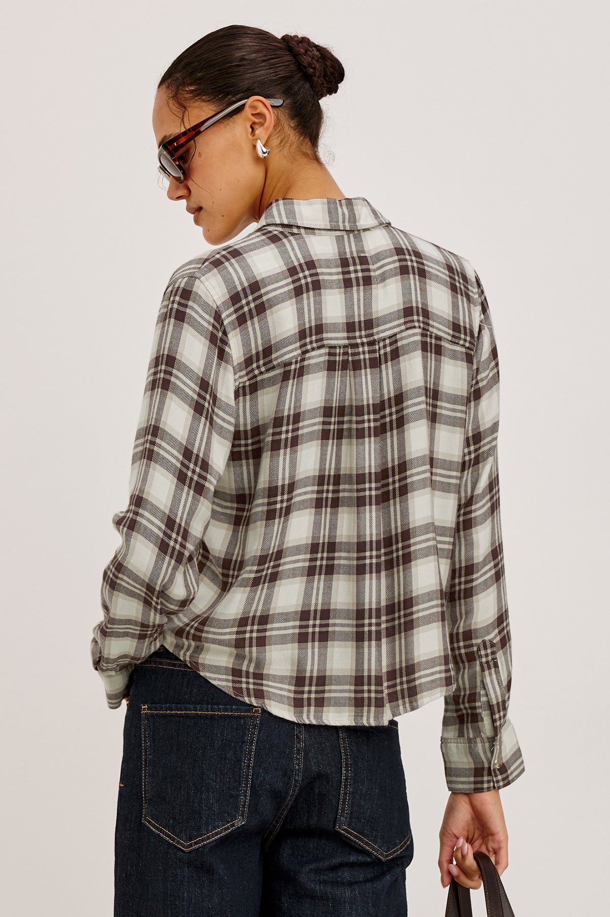 Malin Shirt in Ultra-Soft Twill With Snap Button Front, Cropped Boxy Fit, Collar, and Long Sleeves in Birch Hickory Colorway - Upper Body Back View Featured on Model