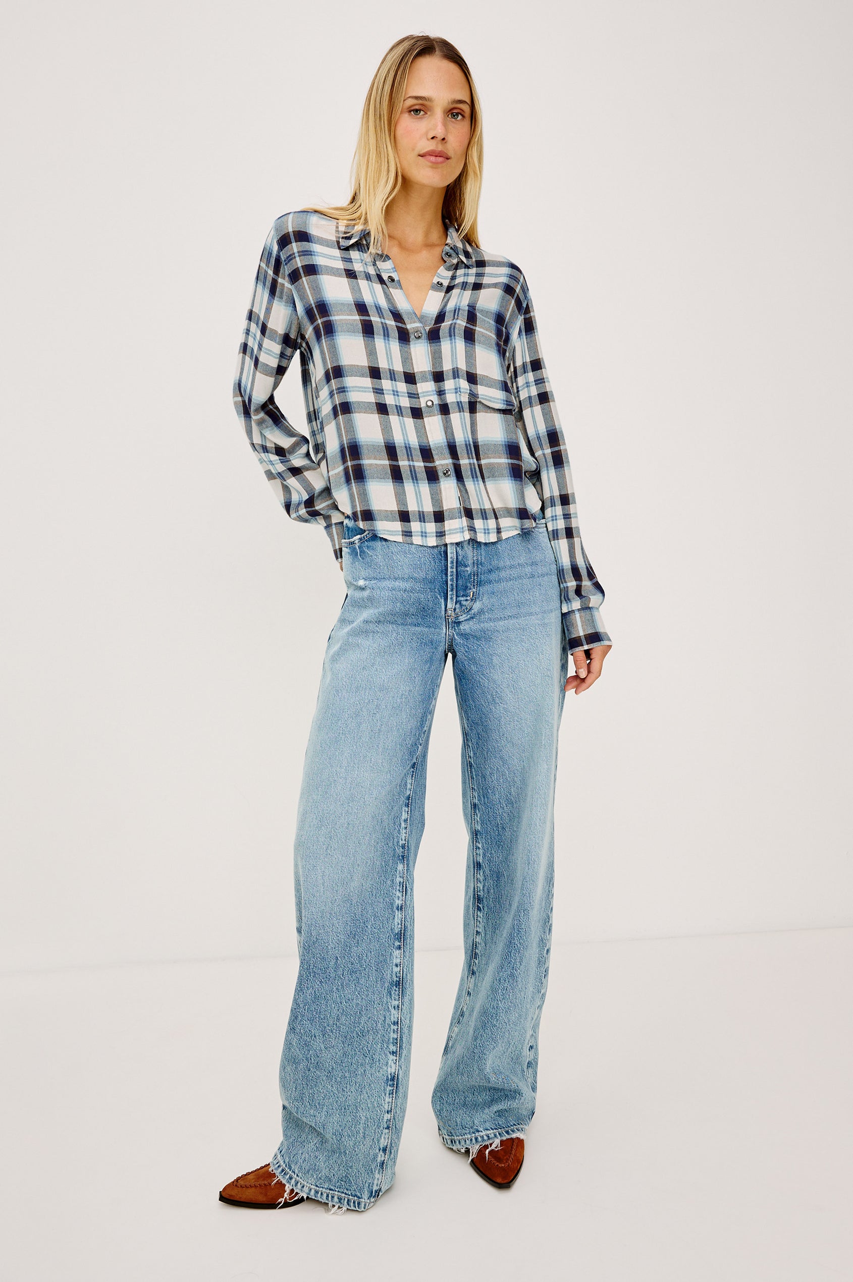 Malin Shirt in Ultra-Soft Twill With Snap Button Front, Cropped Boxy Fit, Collar, and Long Sleeves in Ecru Midnight Colorway - Full Body Front View Featured on Model