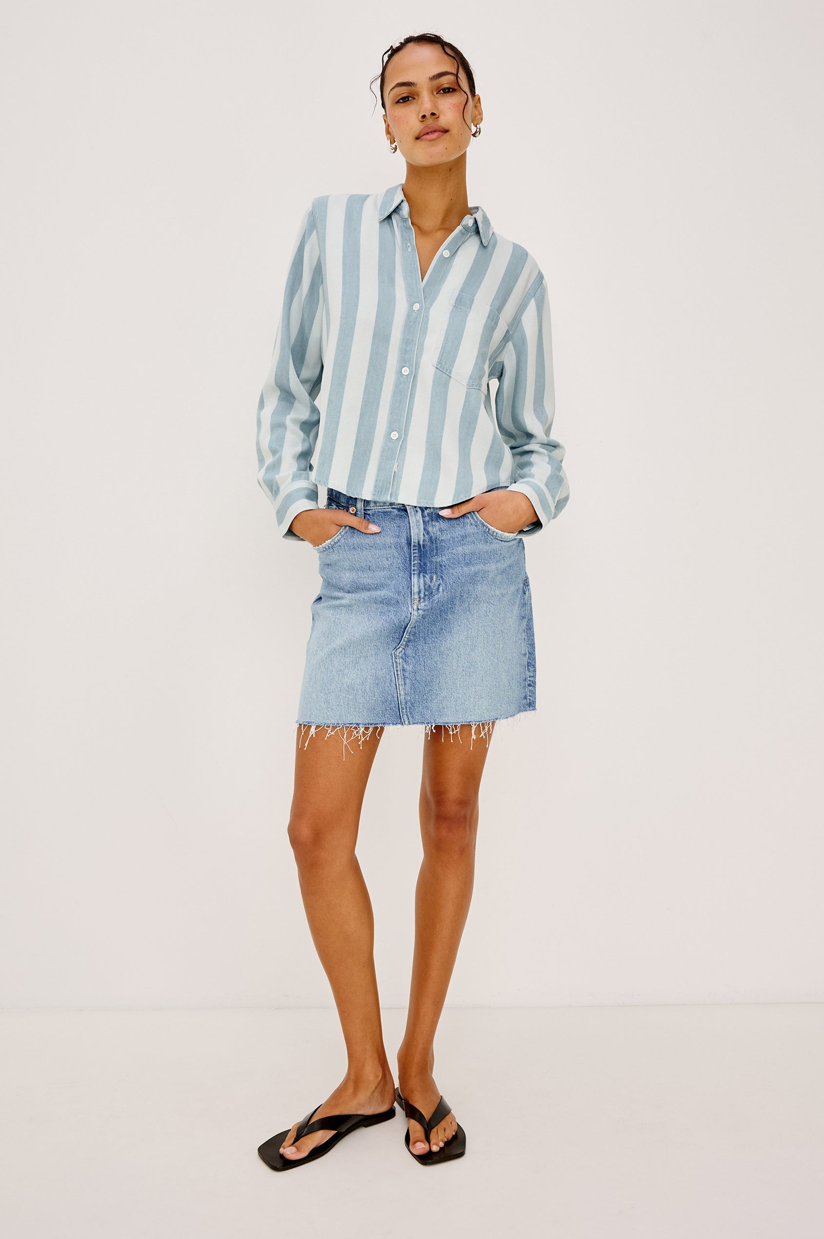 Malin Cropped Boxy Shirt in Signature Soft Rayon With Loose Twill Weave With Collar, Front Buttons, Long Sleeves, Chest Patch Pocket in White and Blue Stripe Colorway - Upper Body Front View Featured on Model