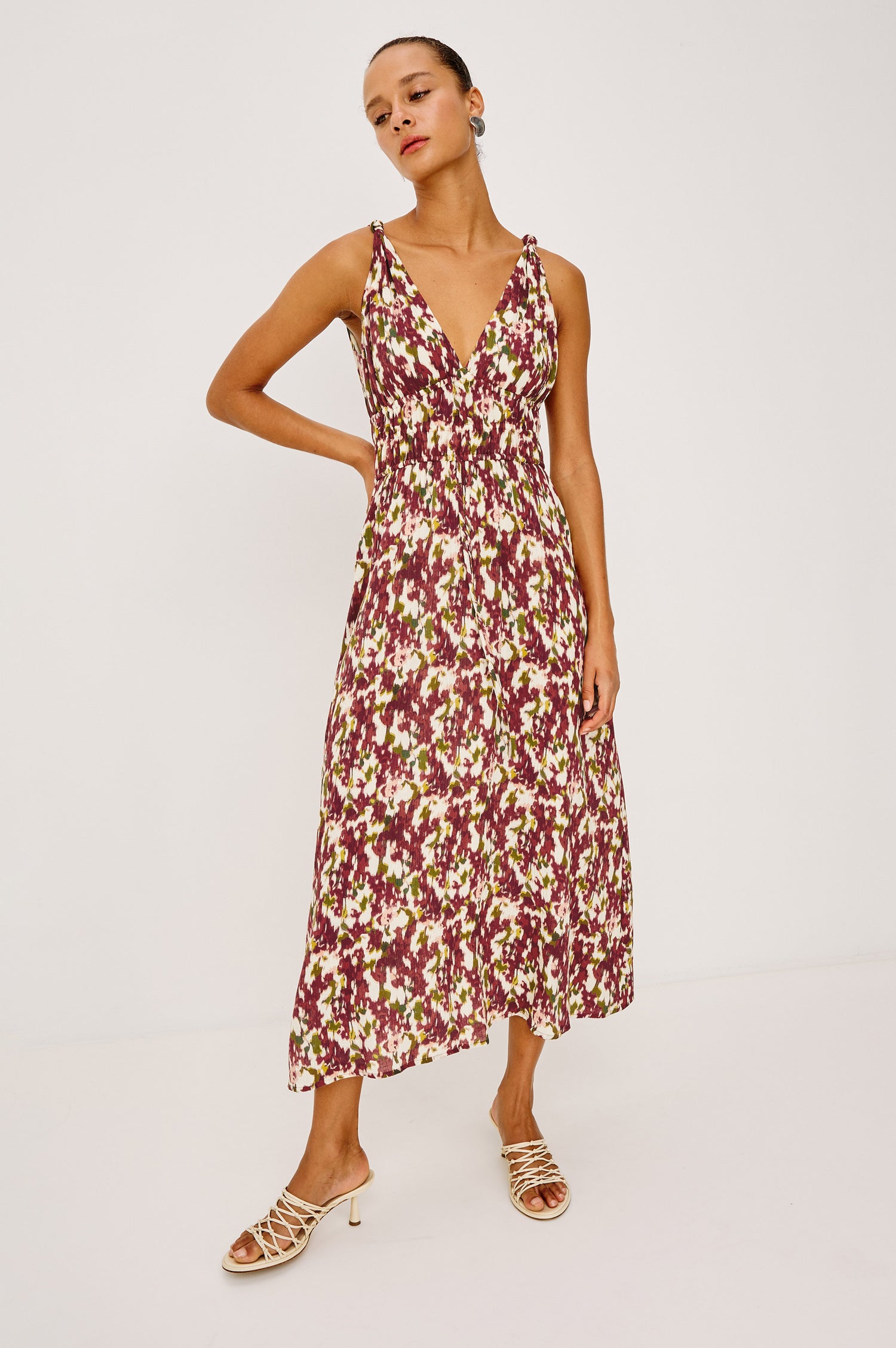 Marciana Midi Dress in Crinkle Chiffon With V-Neckline, Knotted Shoulder Straps, Smocked Waist, Adjustable Empire Waist Ties, and is Fully Lined in Cardinal Floral Colorway - Full Body Front View Featured on Model