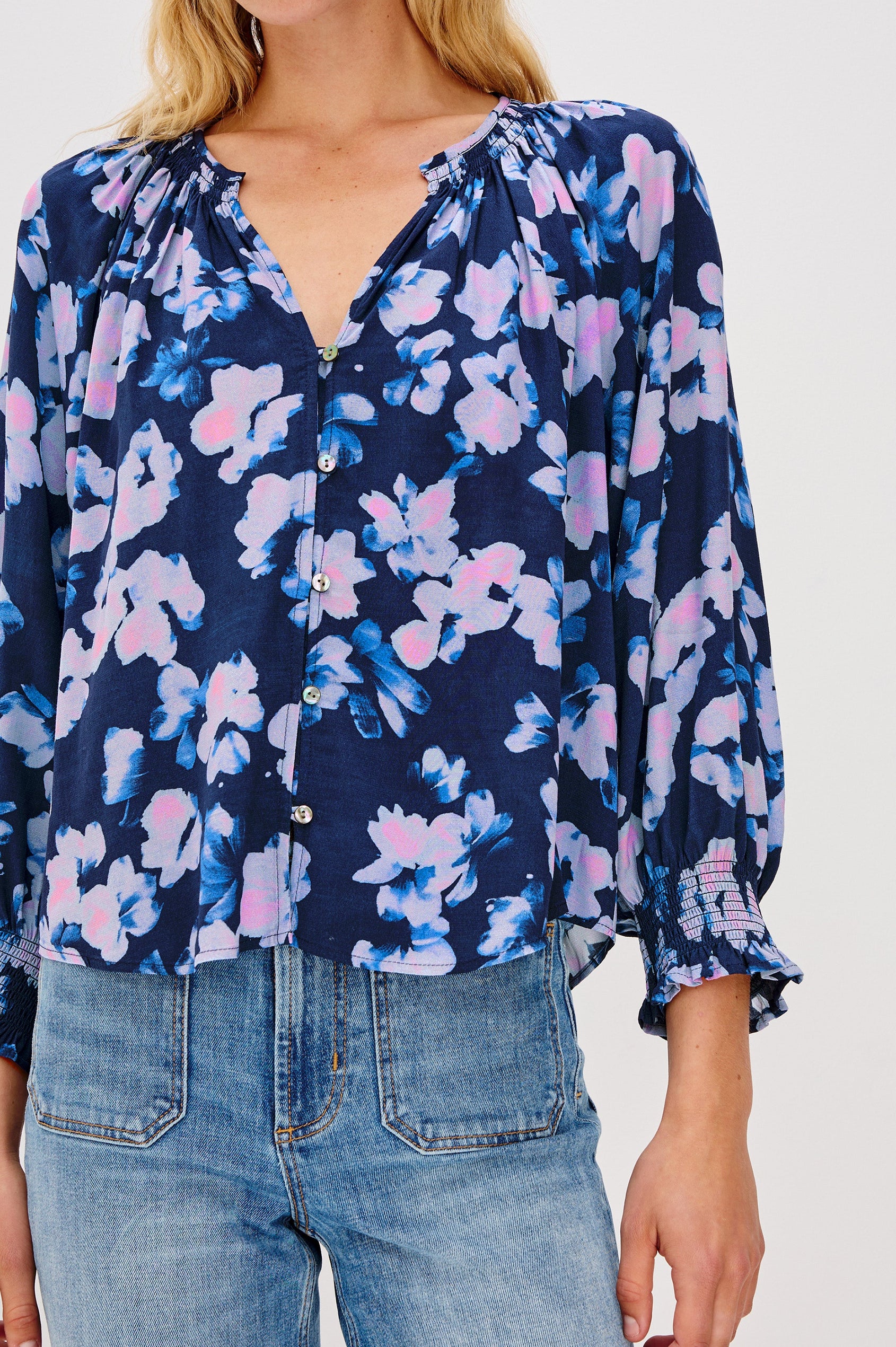 Mariah Button Down Shirt With 3/4" Length Sleeves with Elastic Smoking at Sleeve Hem, V-Neck and Half Button Front in Midnight Peony Colorway - Close up of Details on Model