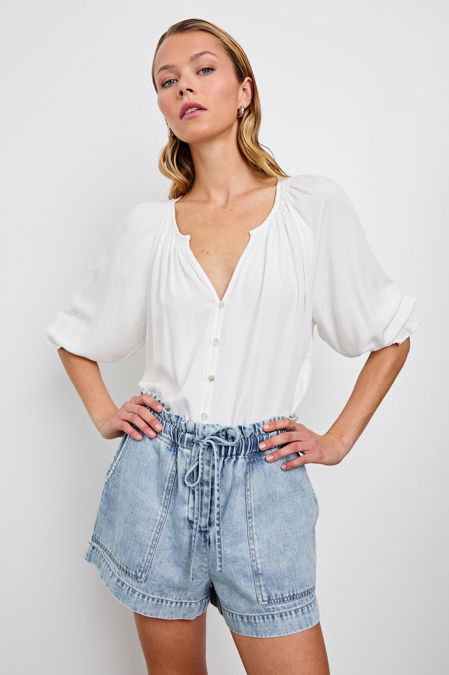 Mariah Buttondown Shirt With Mid Length Sleeves in Pearl Colorway - Front View Featured on Model