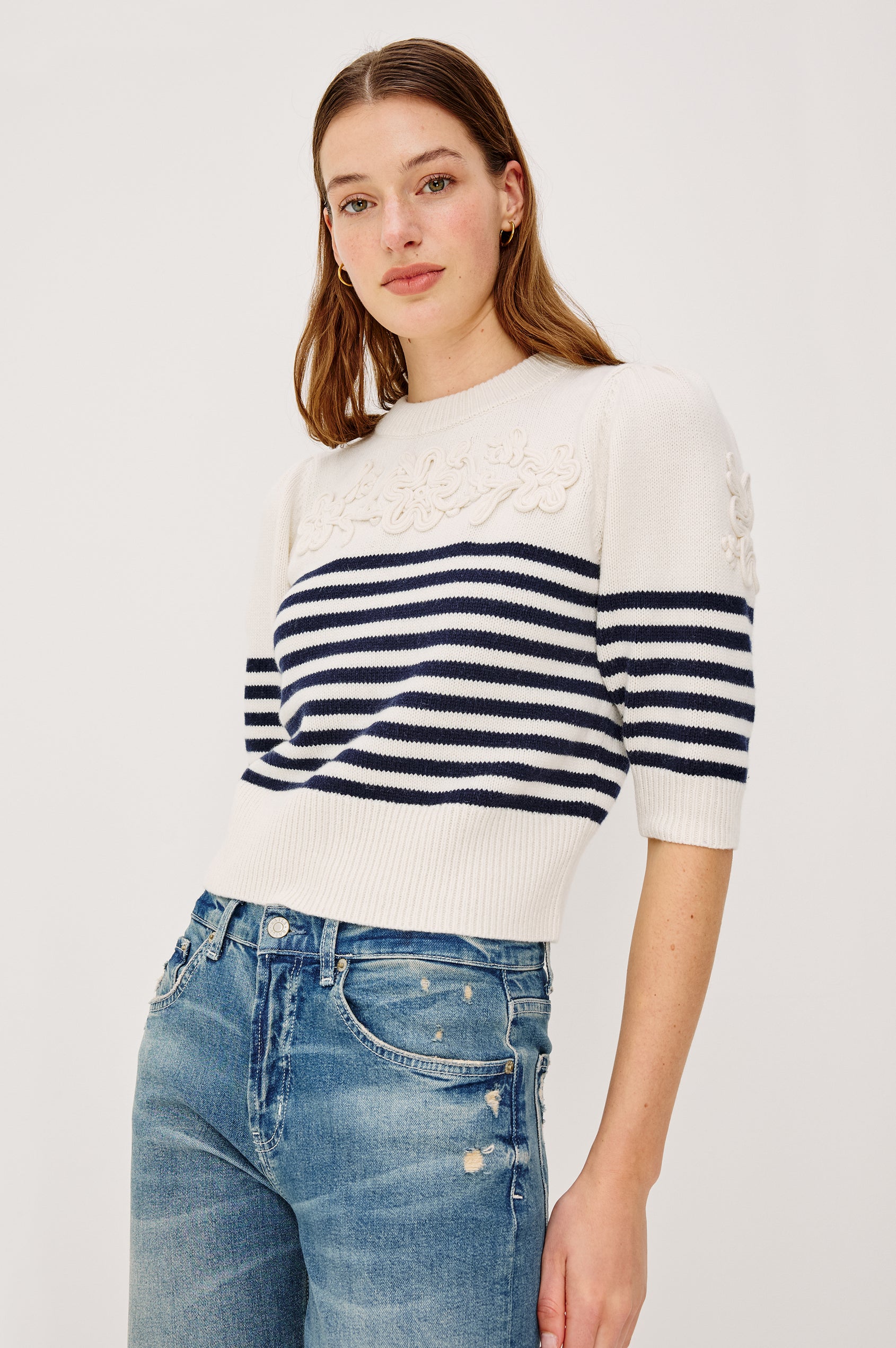 MARTHA TOP - IVORY NAVY FLORAL STRIPE