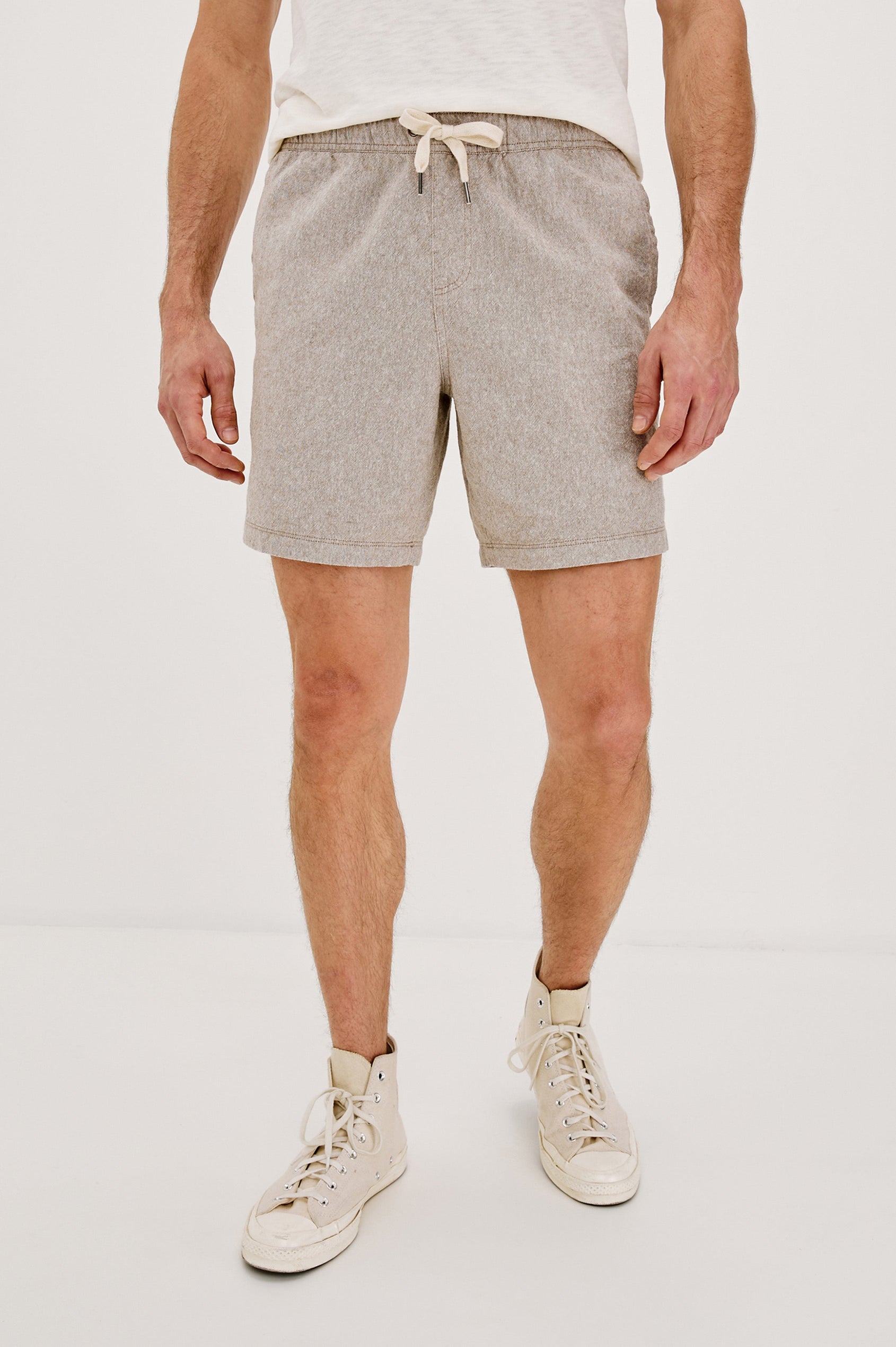 Martin Pull on Short with a an Elastic and Drawstring Waist and Side Pockets in Bulgur Oat Colorway. Front View Shown on Model.