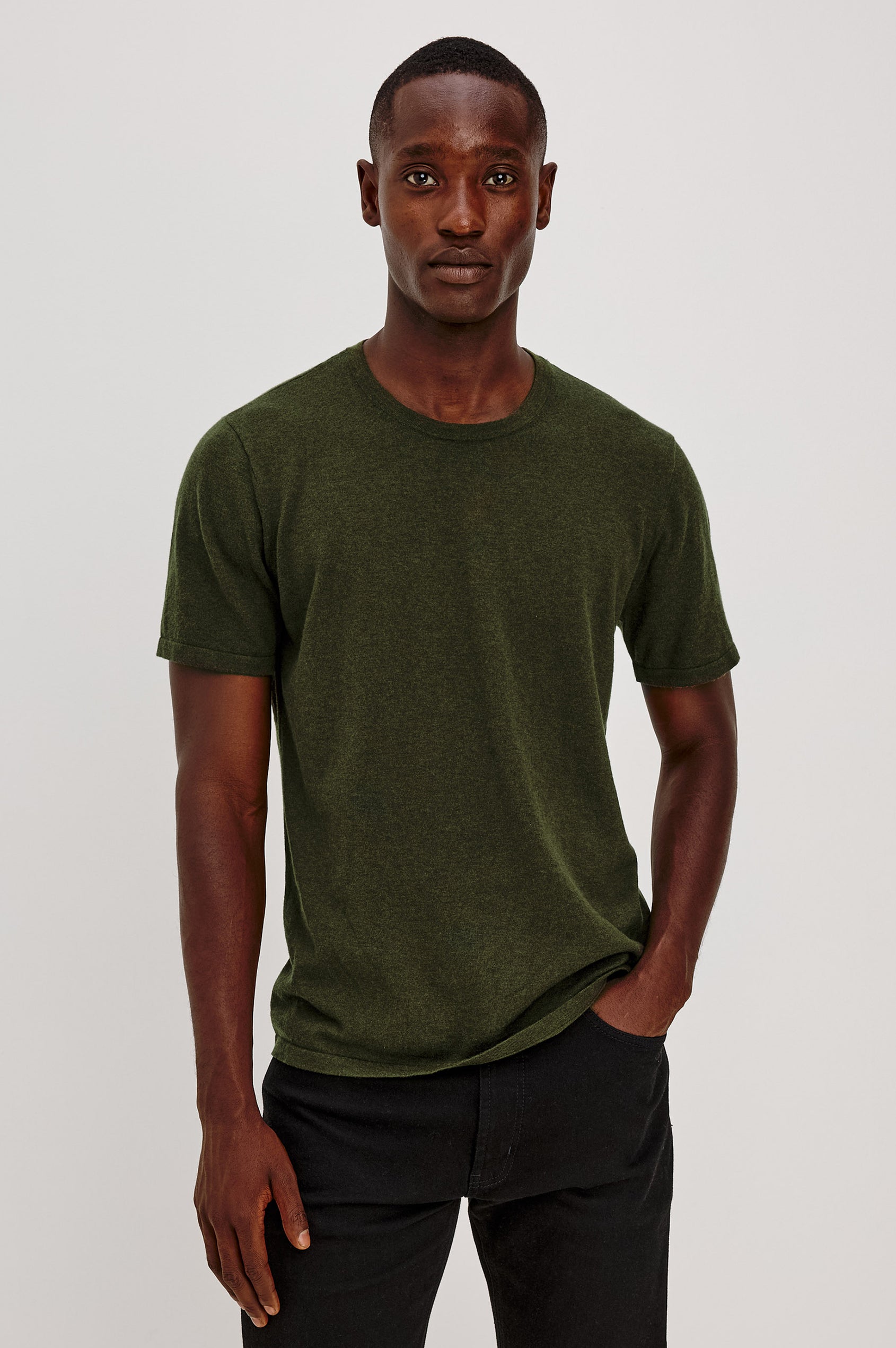 Mason Cotton Cashmere T-Shirt in Soft Cotton Cashmere Blend With Crew Neck, Short Sleeves, and Slim Fit in Hemlock Colorway - Upper Body Front View Featured on Model