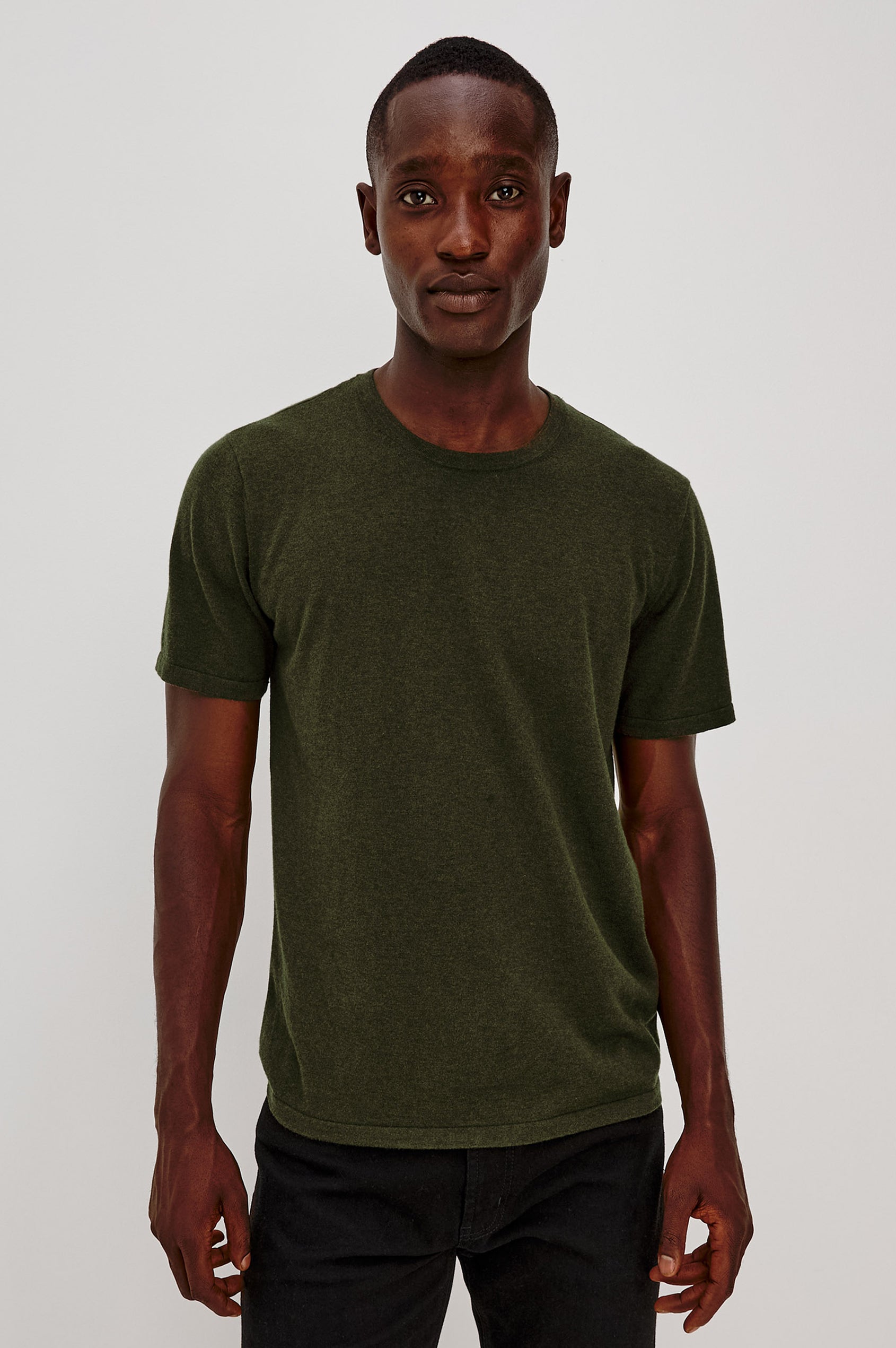 Mason Cotton Cashmere T-Shirt in Soft Cotton Cashmere Blend With Crew Neck, Short Sleeves, and Slim Fit in Hemlock Colorway - Upper Body Front View Featured on Model