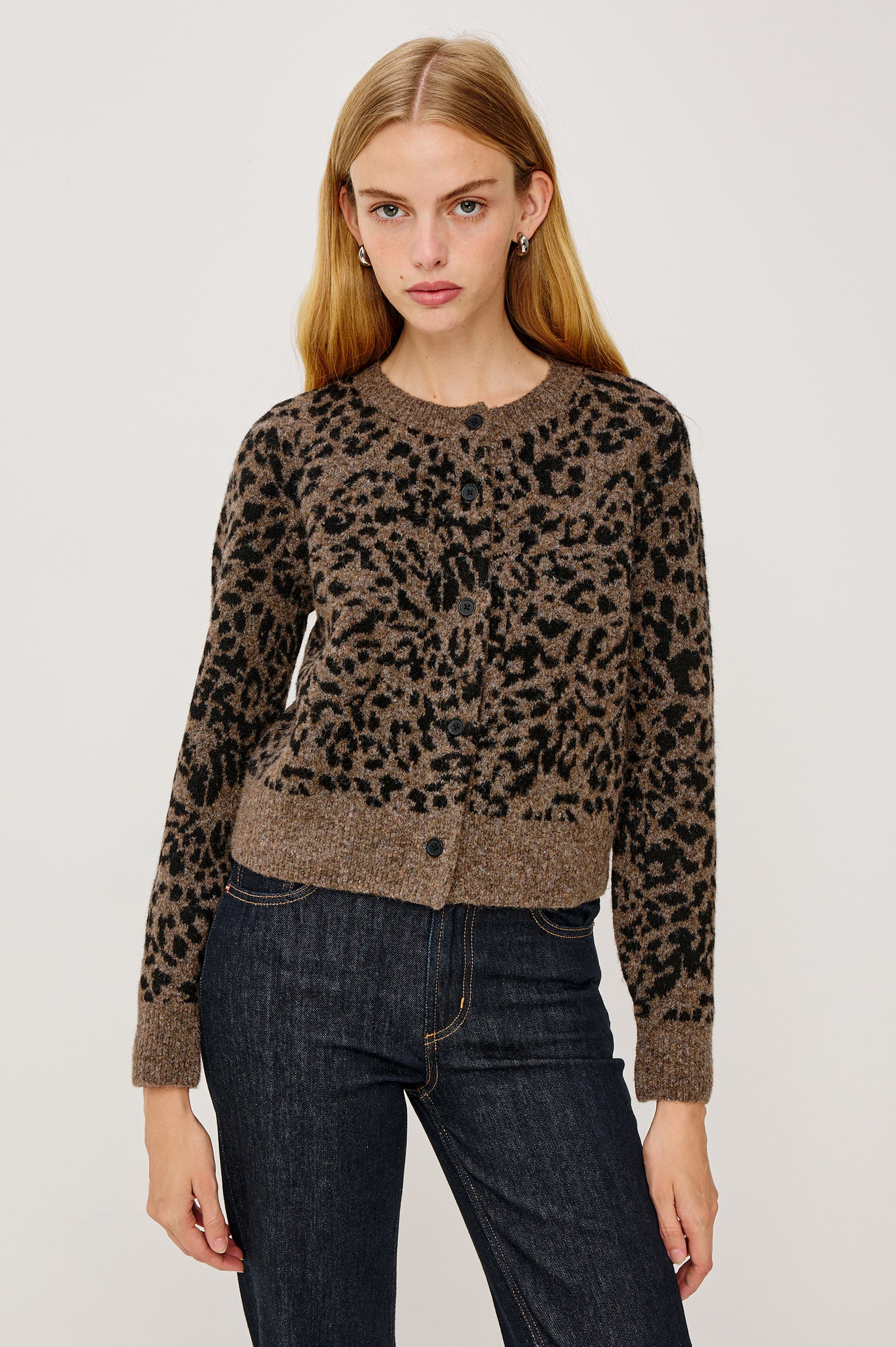 Matilda Cropped Long-Sleeve Sweater with Button Closure, Crew Neck and Ribbed Trim in Heather Oat Colorway - Front View Featured on Model