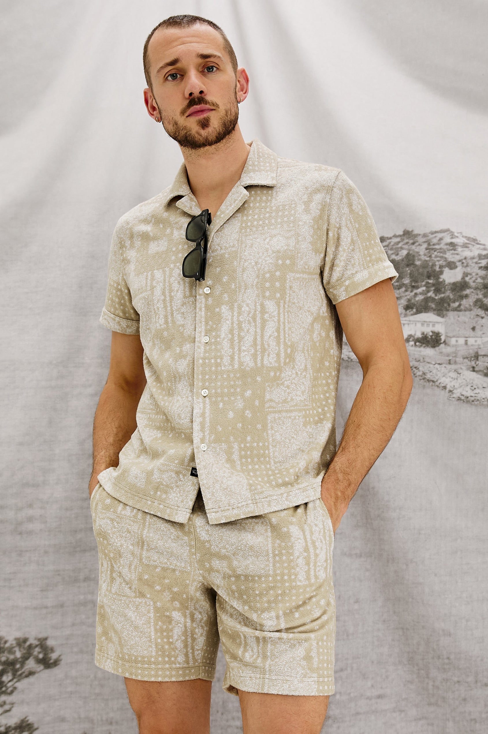 Nova Pull on Short with Drawstring and Elastic Waistband, back pocket and side pockets in Bandana Craft Paper Colorway. Front View Shown on Model.