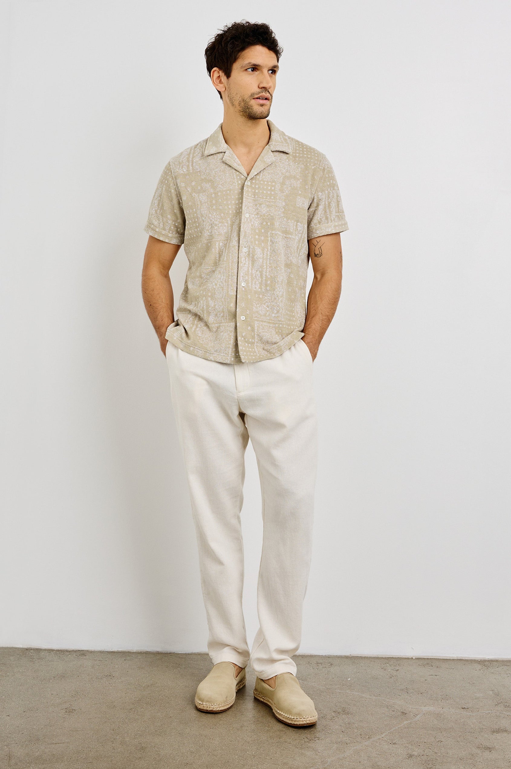 Maverick Collared Button Front Shirt with Short Sleeves in Bandana Craft Paper Colorway. Front View Shown on Model.