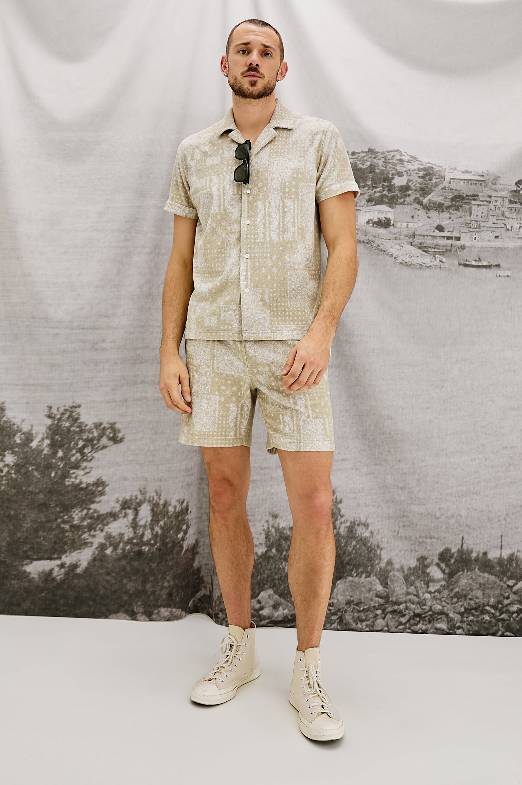 Maverick Collared Button Front Shirt with Short Sleeves in Bandana Craft Paper Colorway. Front View Shown on Model.