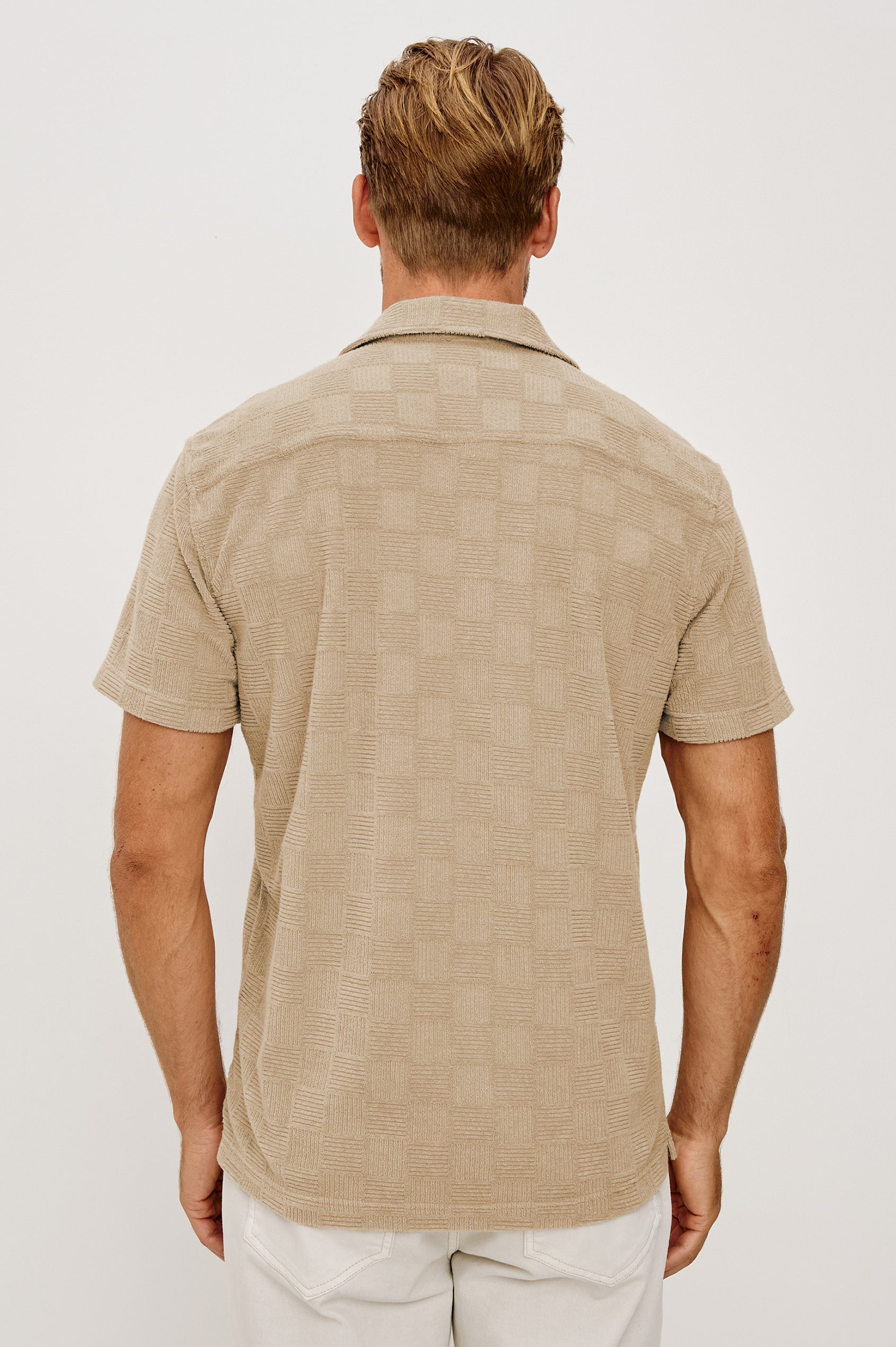 Maverick Short Sleeve Shirt in French Terry With Jacquard Pattern, Notched Collar, Front Buttons, and Classic Fit in Grange Craft Paper Colorway - Upper Body Back View Featured on Model