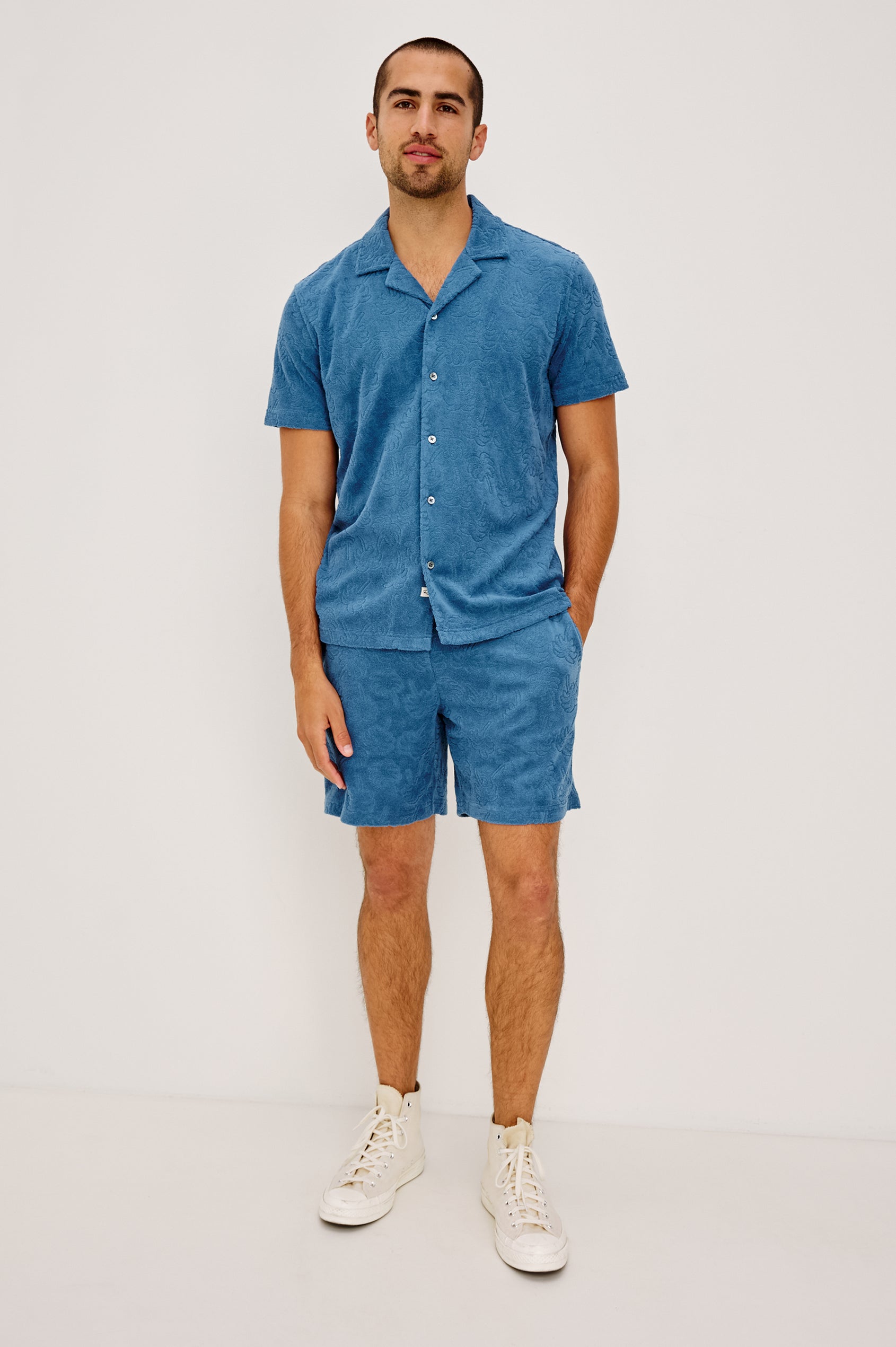 Nova Short in French Terry With Raised Jacquard Pattern, Side Pockets, and Drawstring Waist Ties in Royal Palm Colorway - Full Body Back View Featured on Model