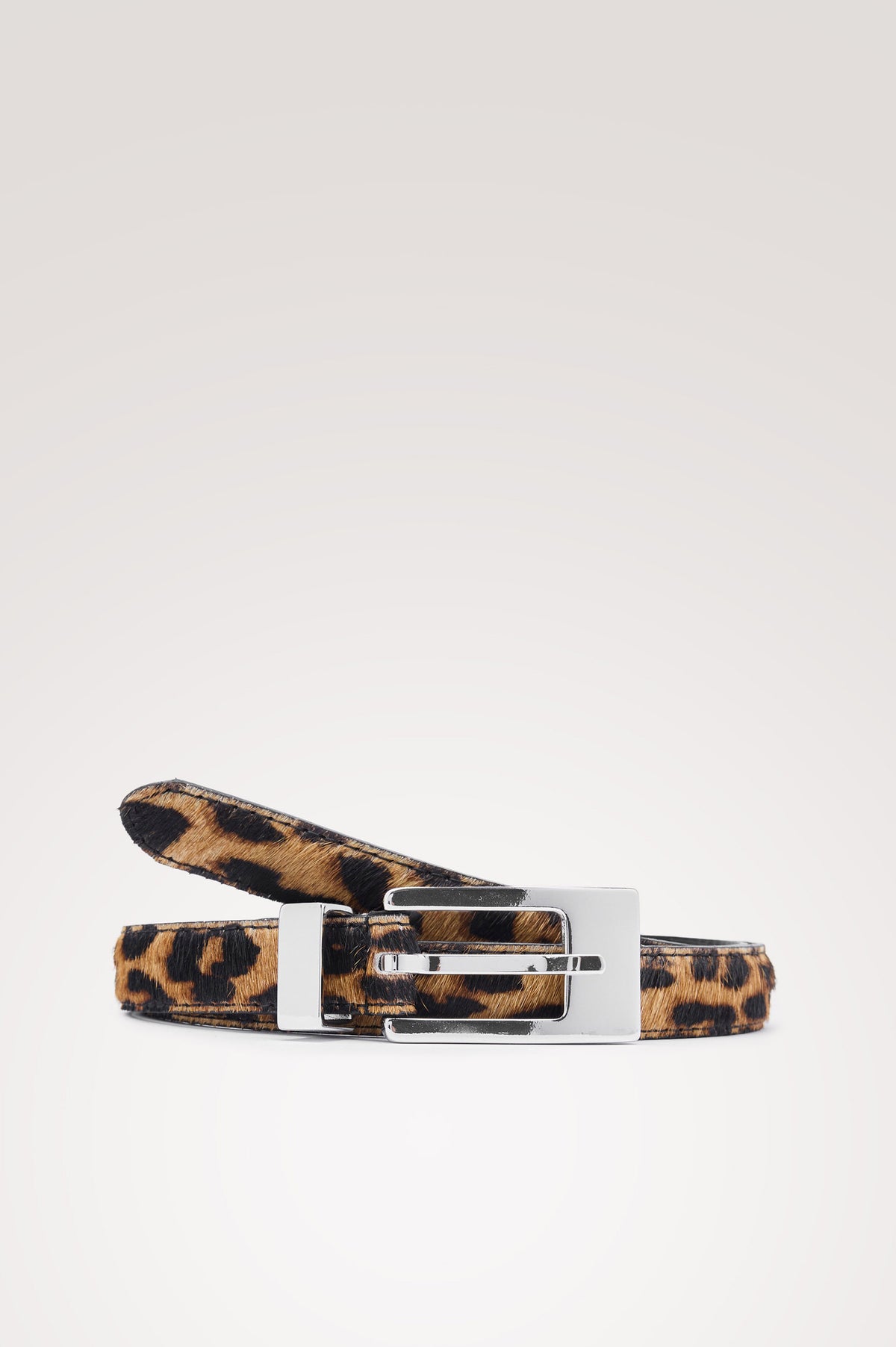 Mayfair Belt in Italian Leather with a Clean Rectangular Buckle in Brown Gold Colorway -Upper Body Front View Featured on Model.