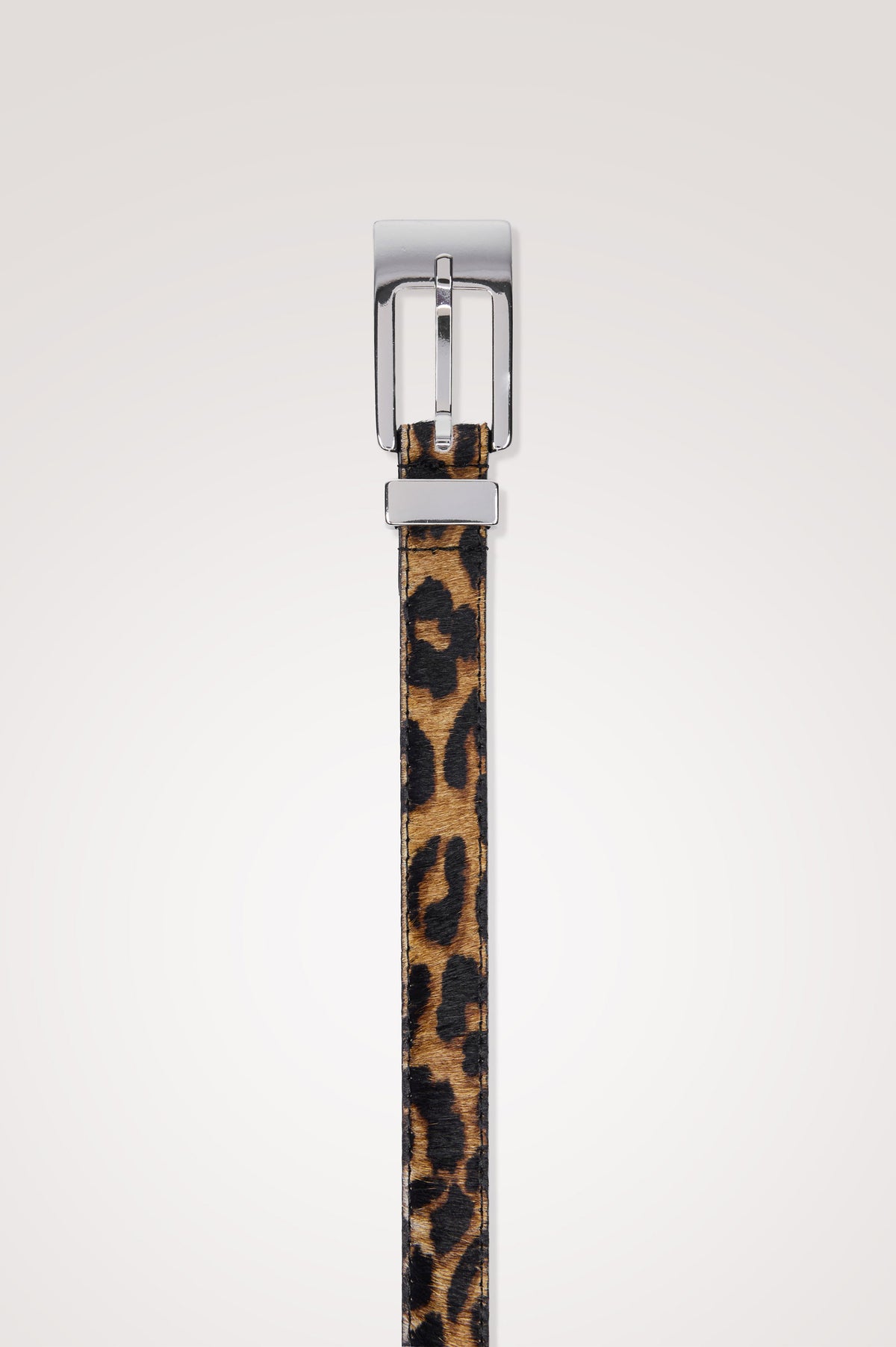 Mayfair Belt in Italian Leather with a Clean Rectangular Buckle in Brown Nala Calf Hair Colorway - Full Body Front View Featured on Model.